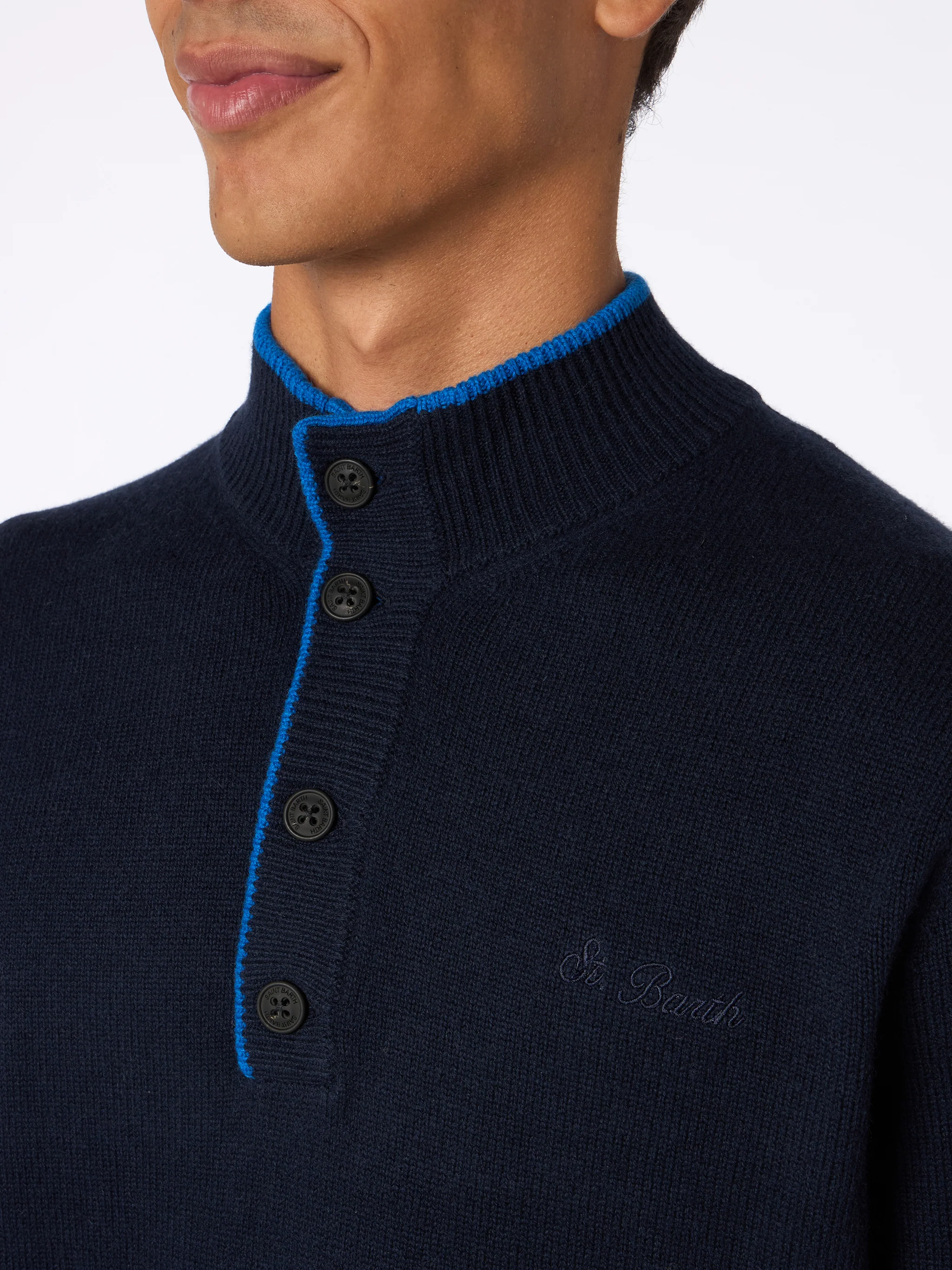 Maglione polo blu navy in BLENDED CASHMERE - Image 3