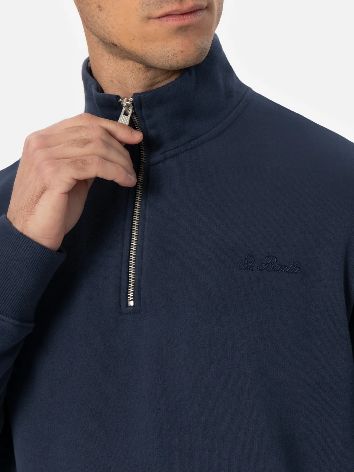 Felpa Dunkan mezza zip in cotone blu navy tinta unita con ricamo logo - Image 2