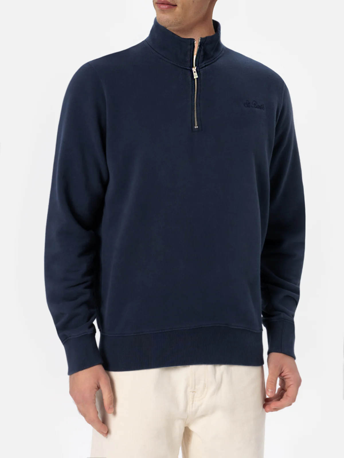 Felpa Dunkan mezza zip in cotone blu navy tinta unita con ricamo logo - Image 3