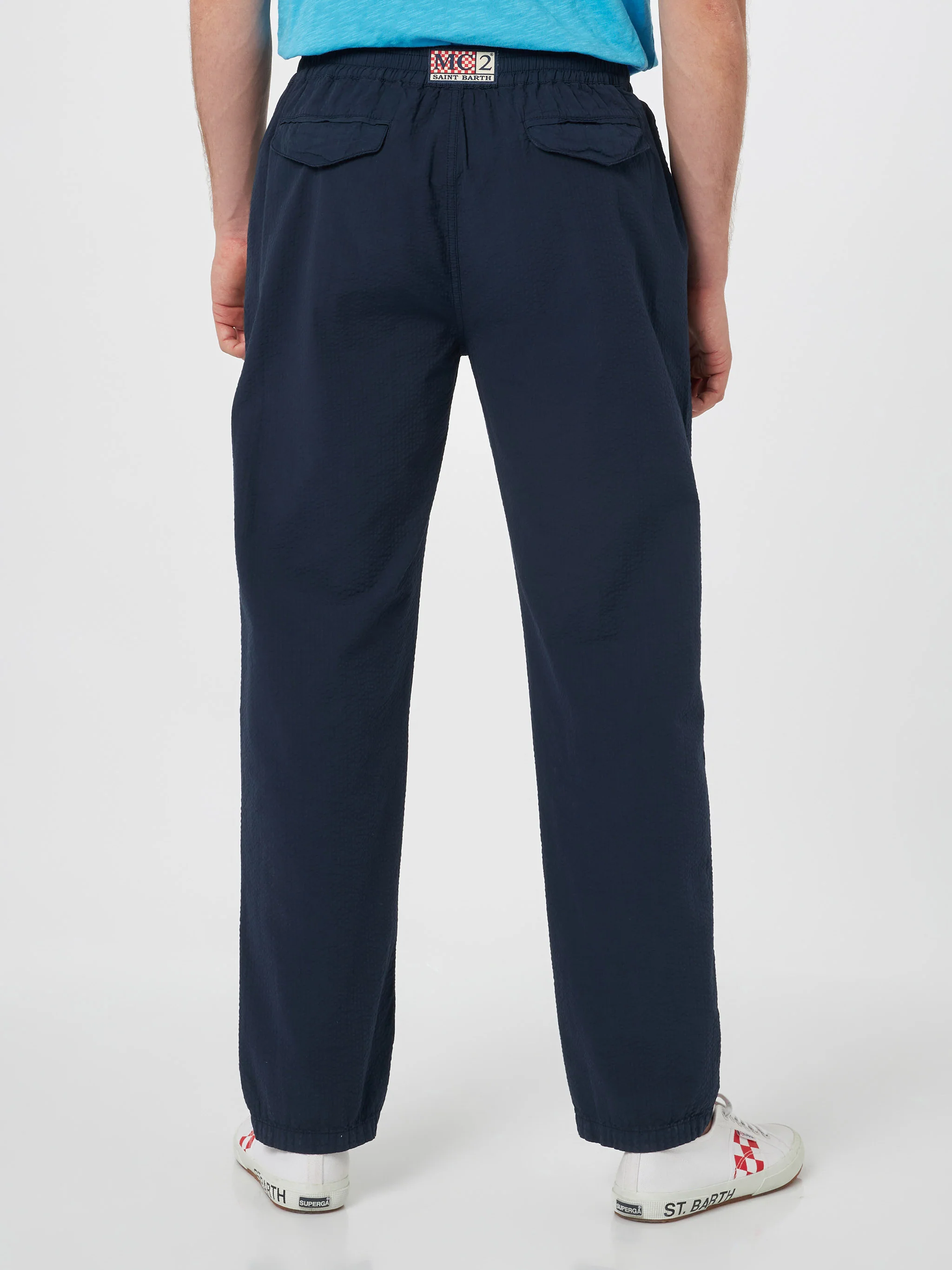 Pantaloni Relais in cotone seersucker blu navy tinta unita - Image 3