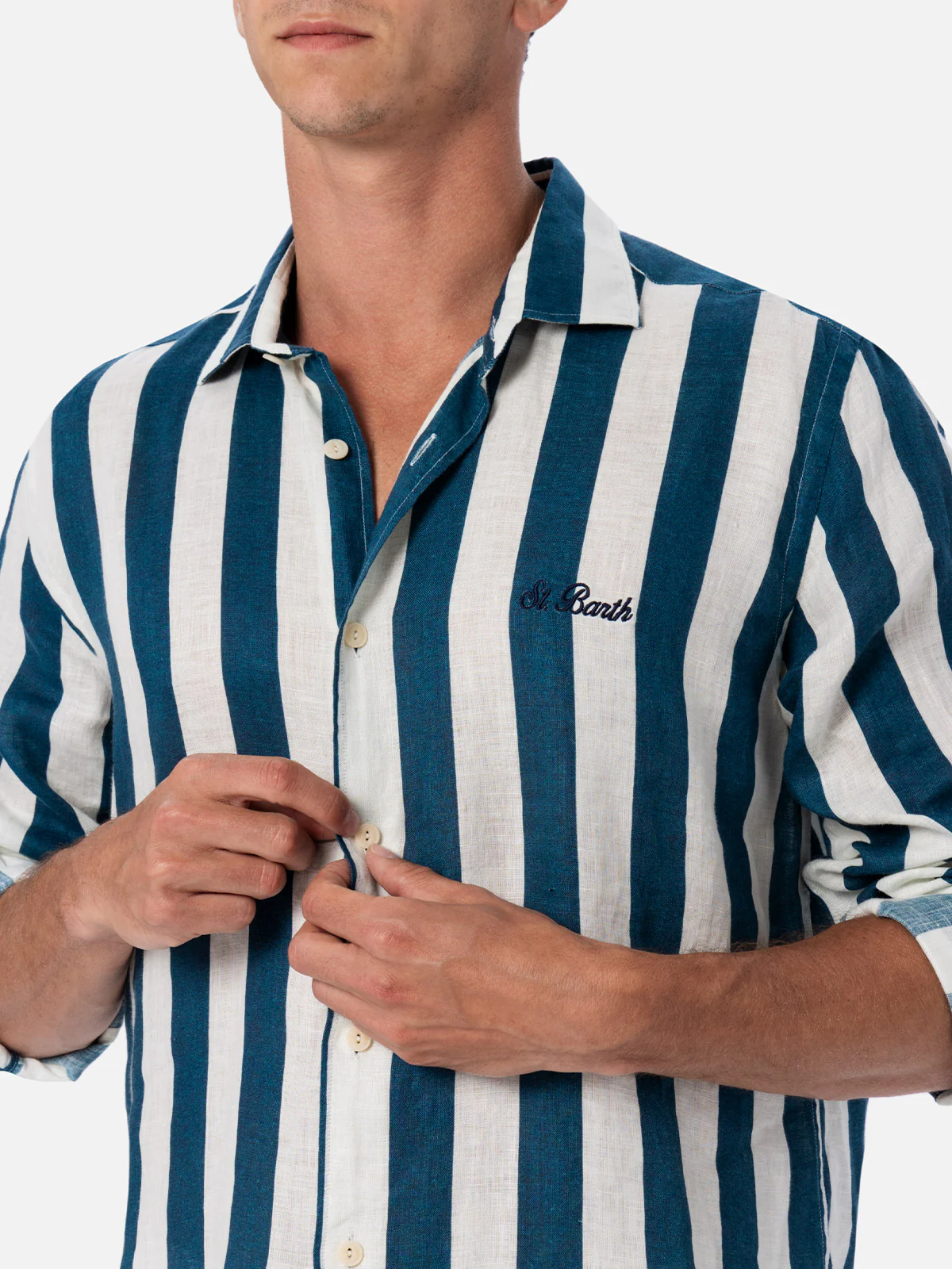 Camicia Pamplona in lino a righe blu navy - Image 2