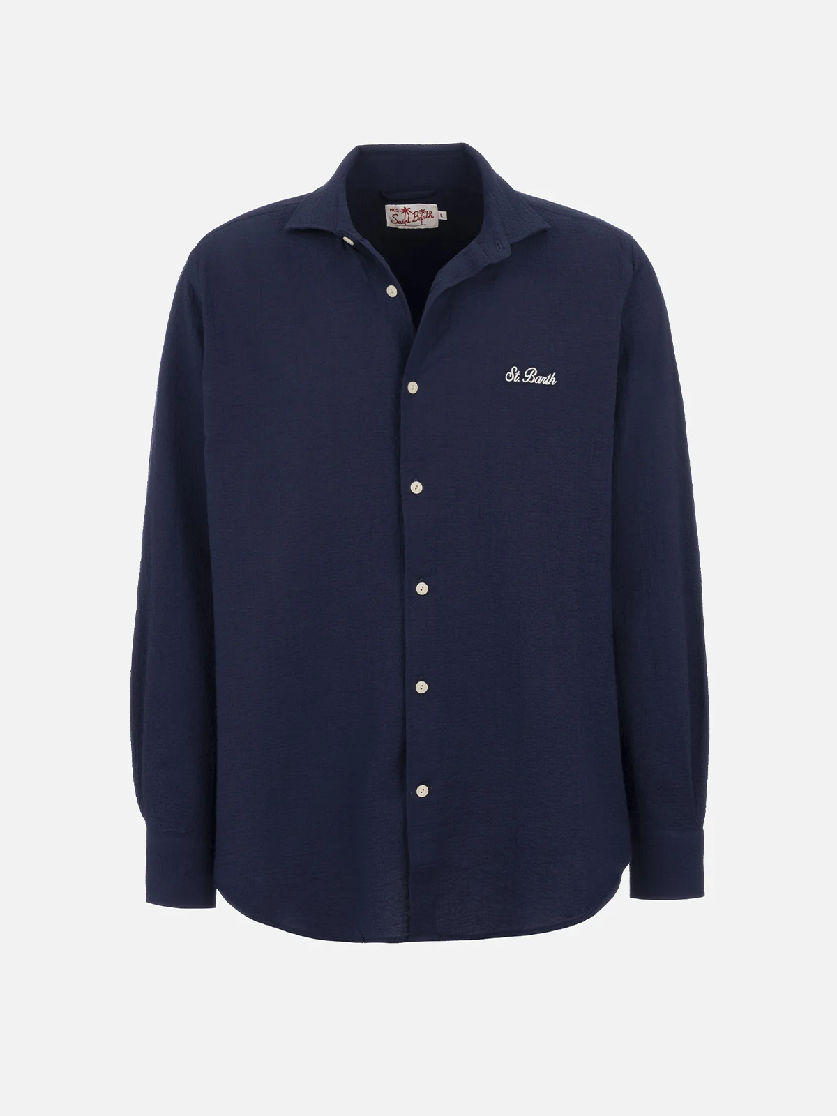 Camicia Pamplona in seersucker blu con ricamo - Image 4