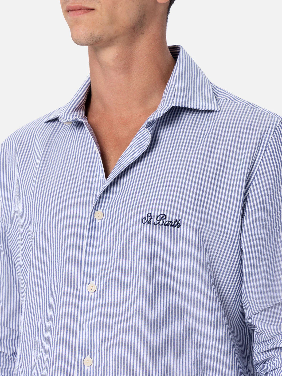 Camicia Pamplona in seersucker a righe azzurre - Image 2