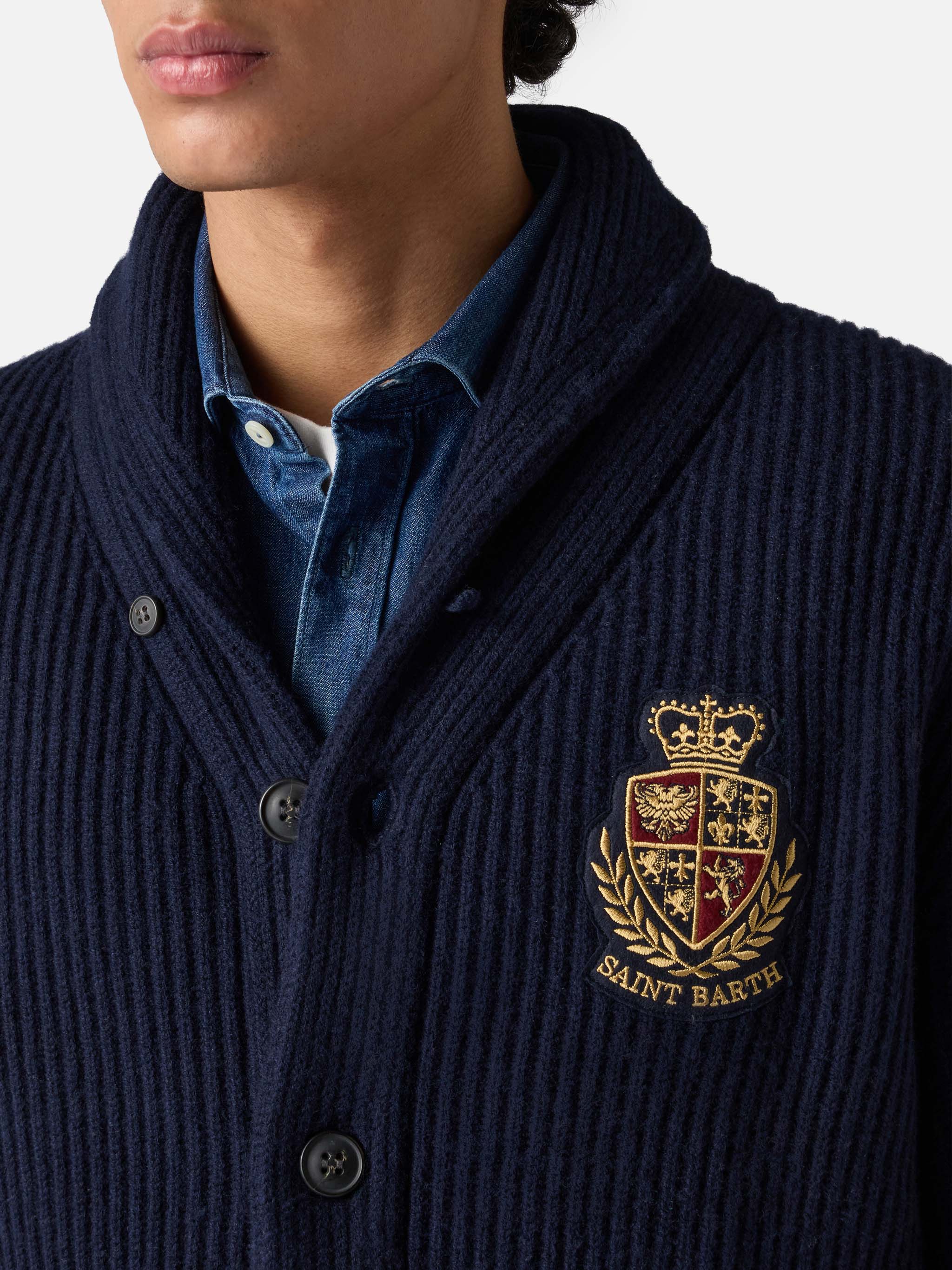 Cardigan Burford con collo scialle blu a coste con patch - Image 2