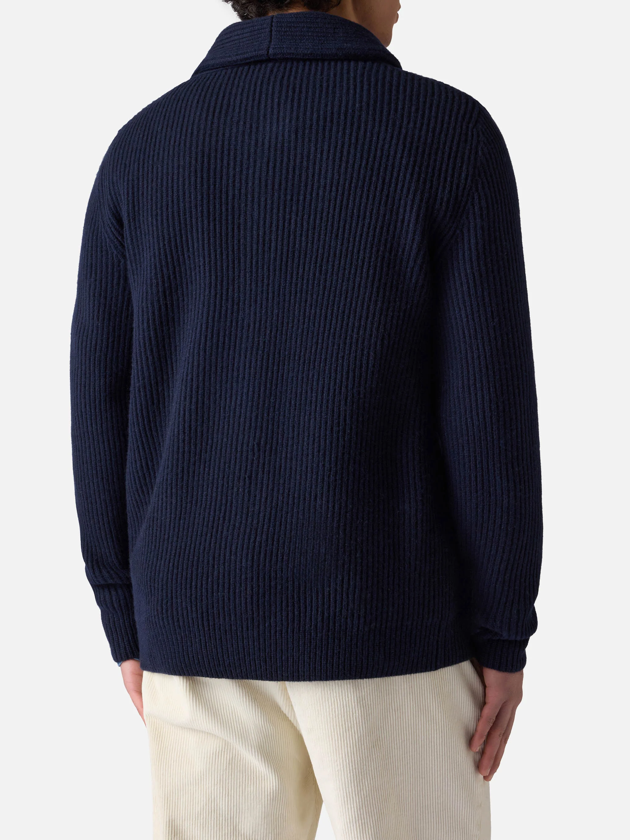 Cardigan Burford con collo scialle blu a coste con patch - Image 3