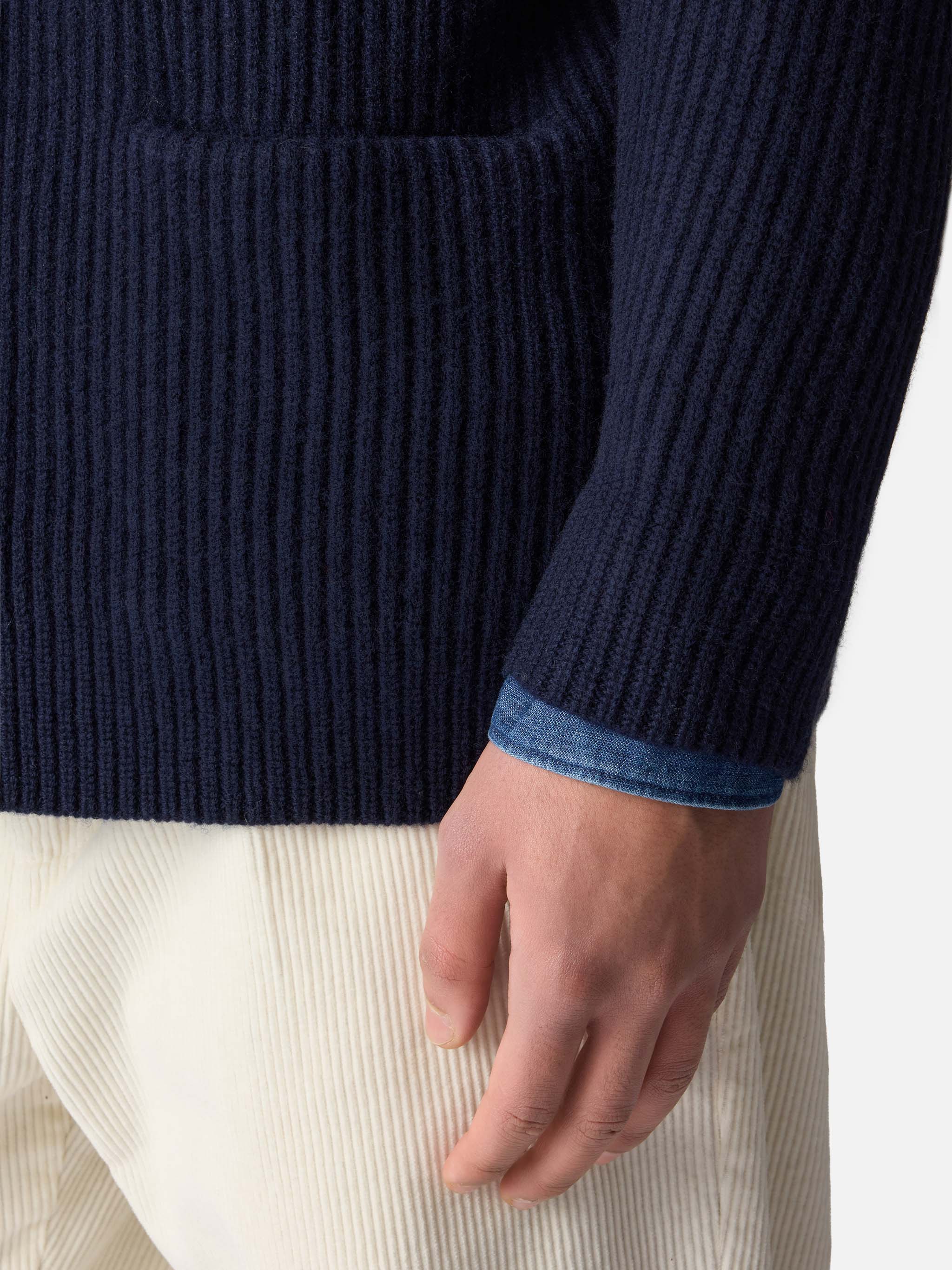 Cardigan Burford con collo scialle blu a coste con patch - Image 4