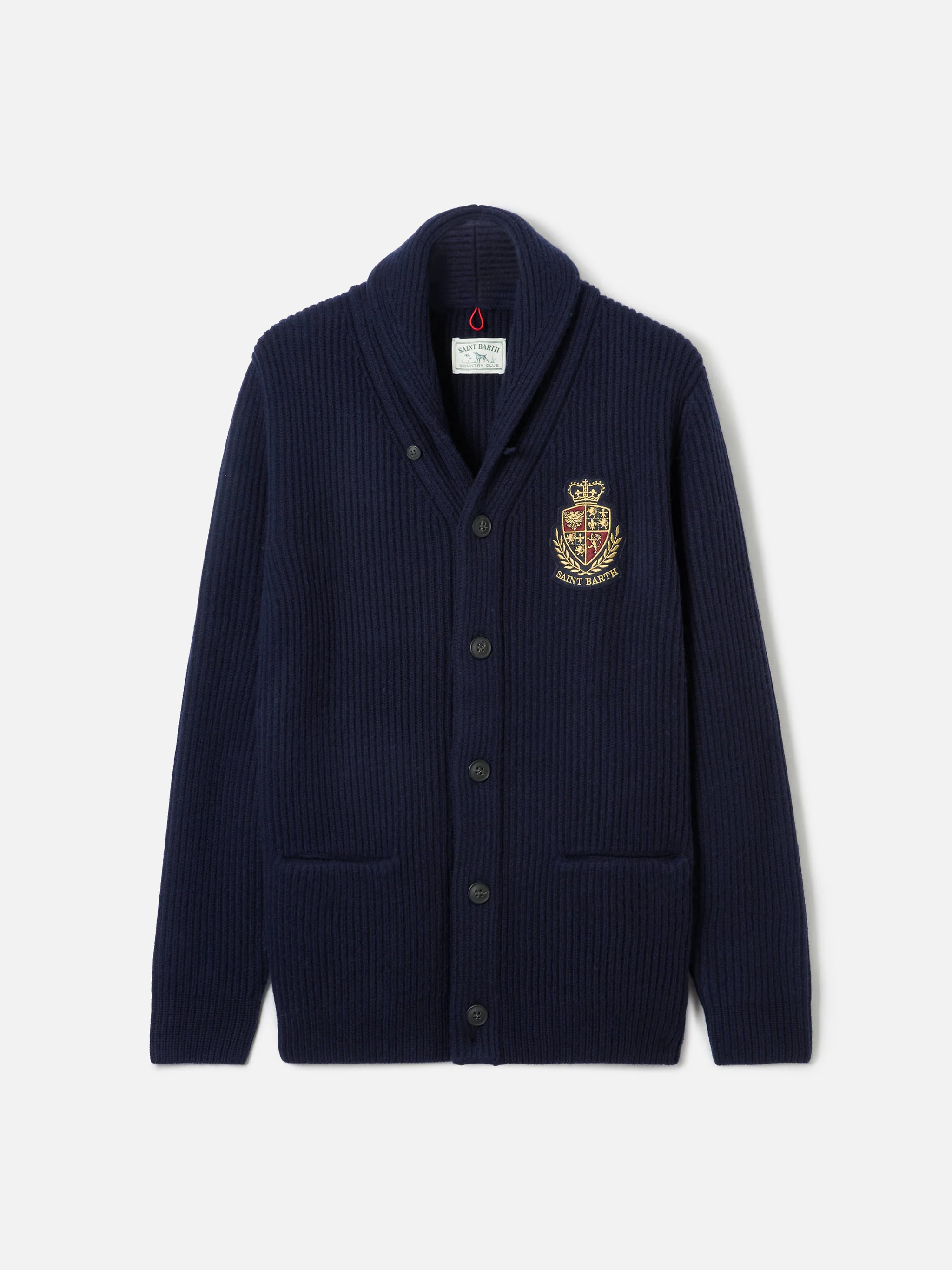 Cardigan Burford con collo scialle blu a coste con patch - Image 5