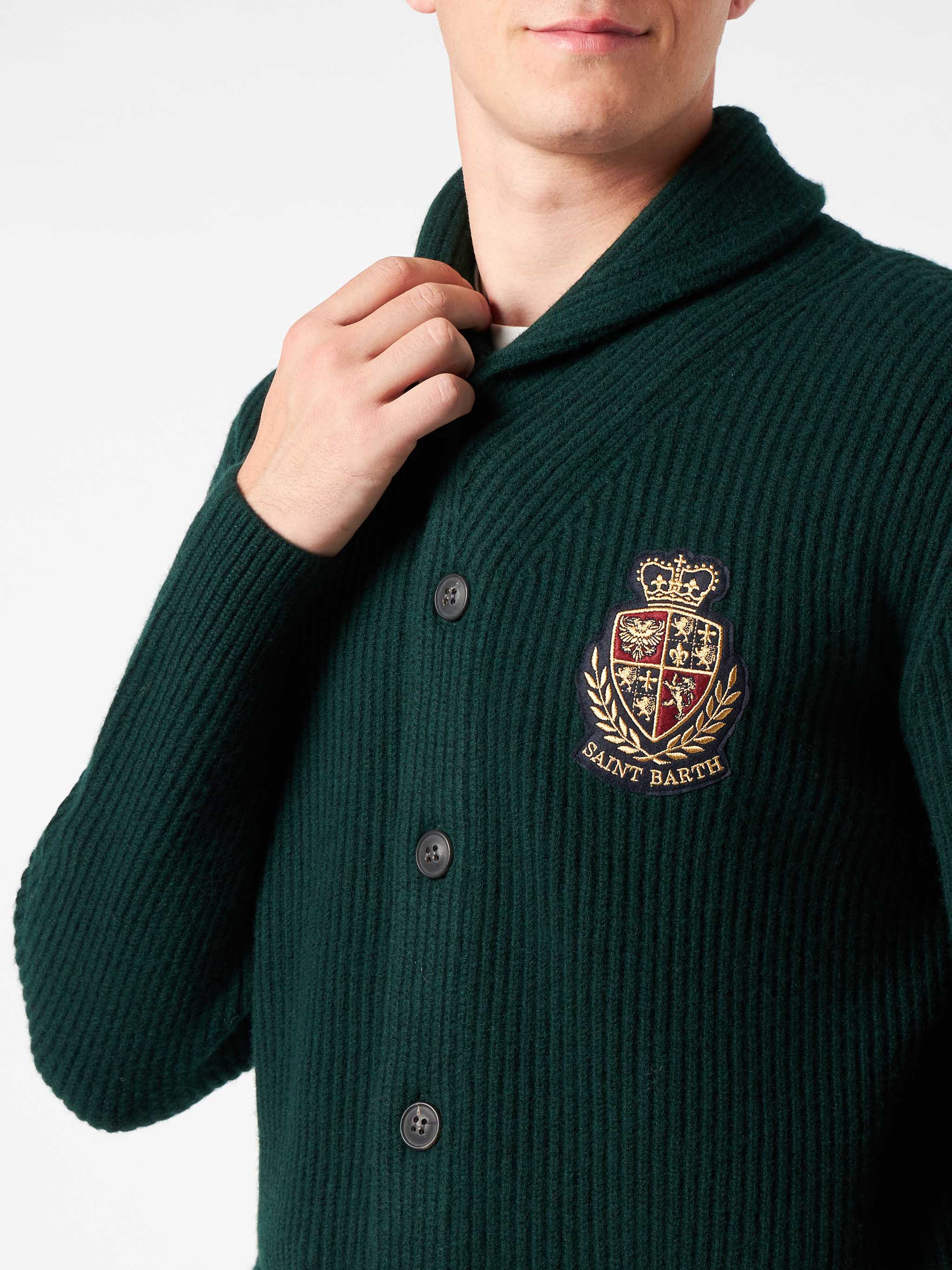 Cardigan Burford con collo scialle verde a coste con patch - Image 3