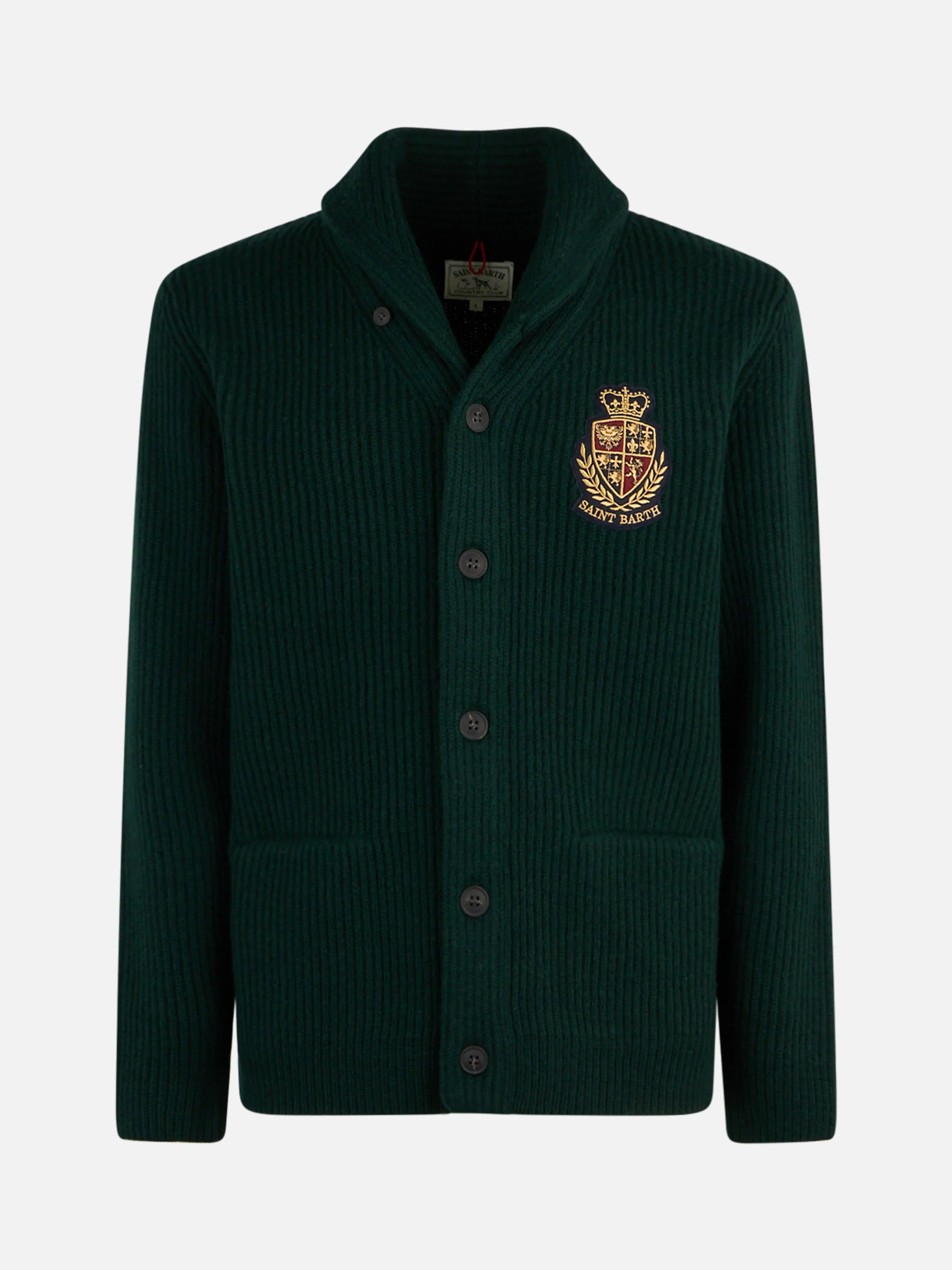 Cardigan Burford con collo scialle verde a coste con patch - Image 4