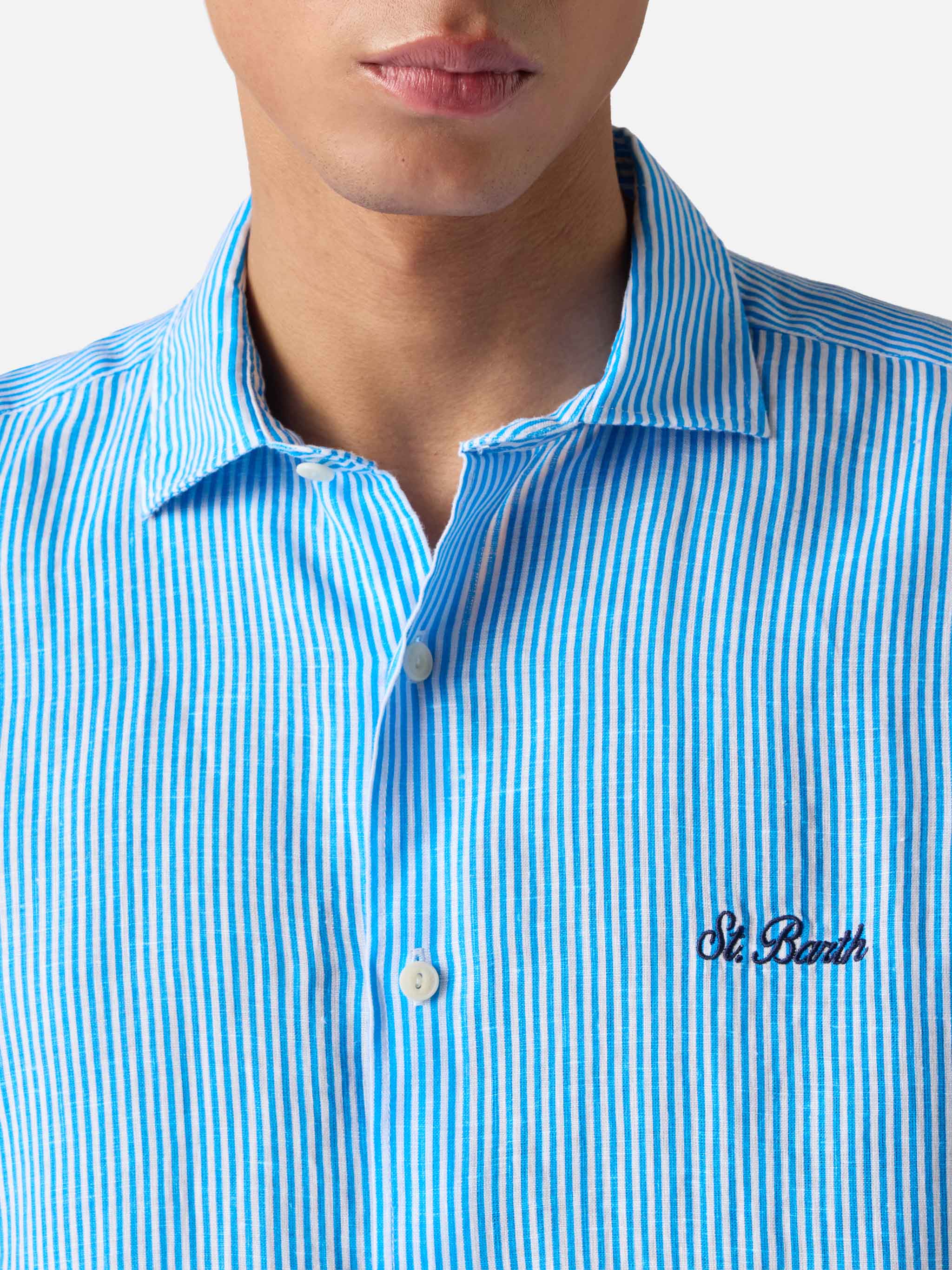 Camicia Pamplona in lino a righe turchese - Image 2