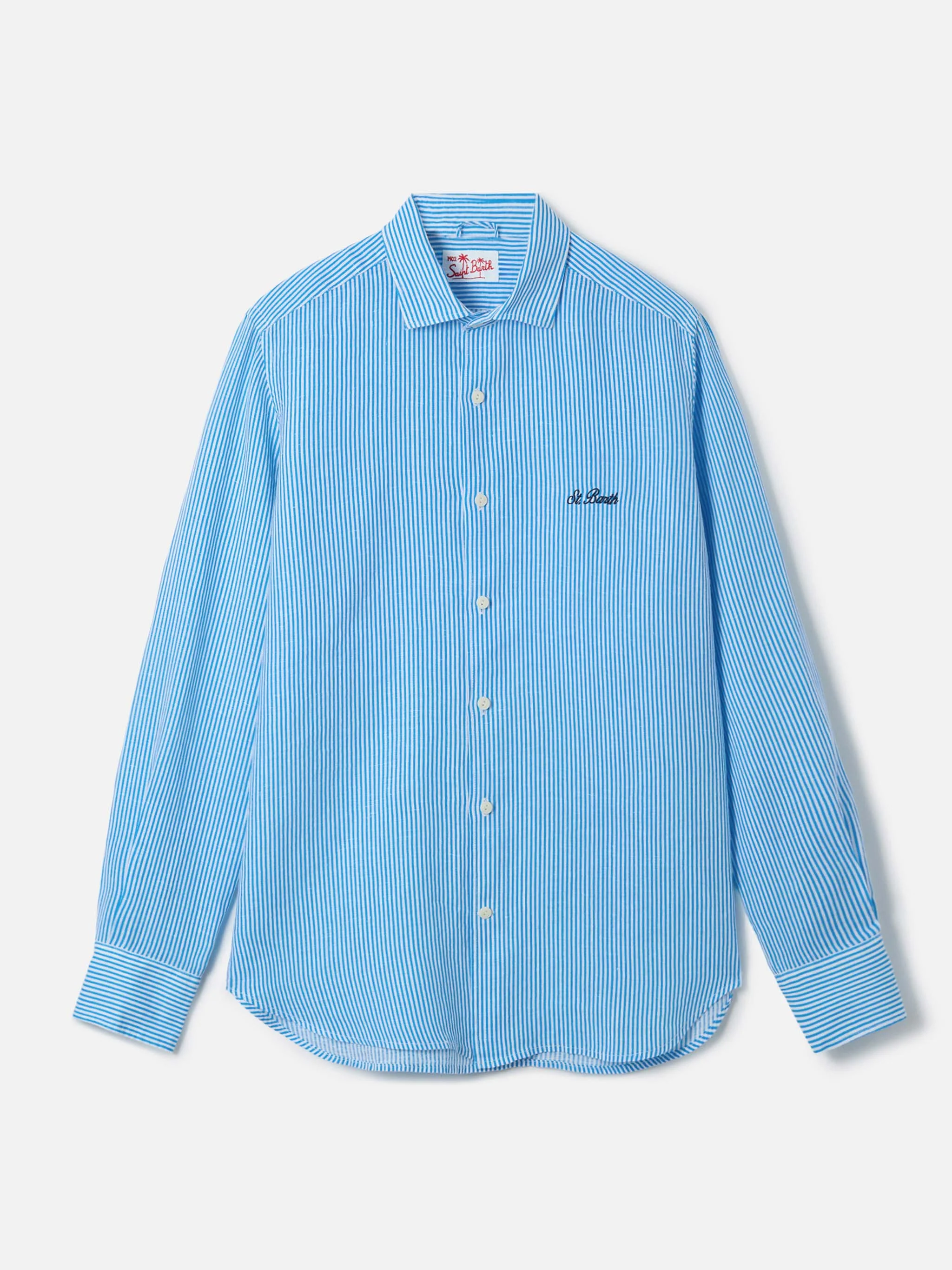 Camicia Pamplona in lino a righe turchese - Image 4
