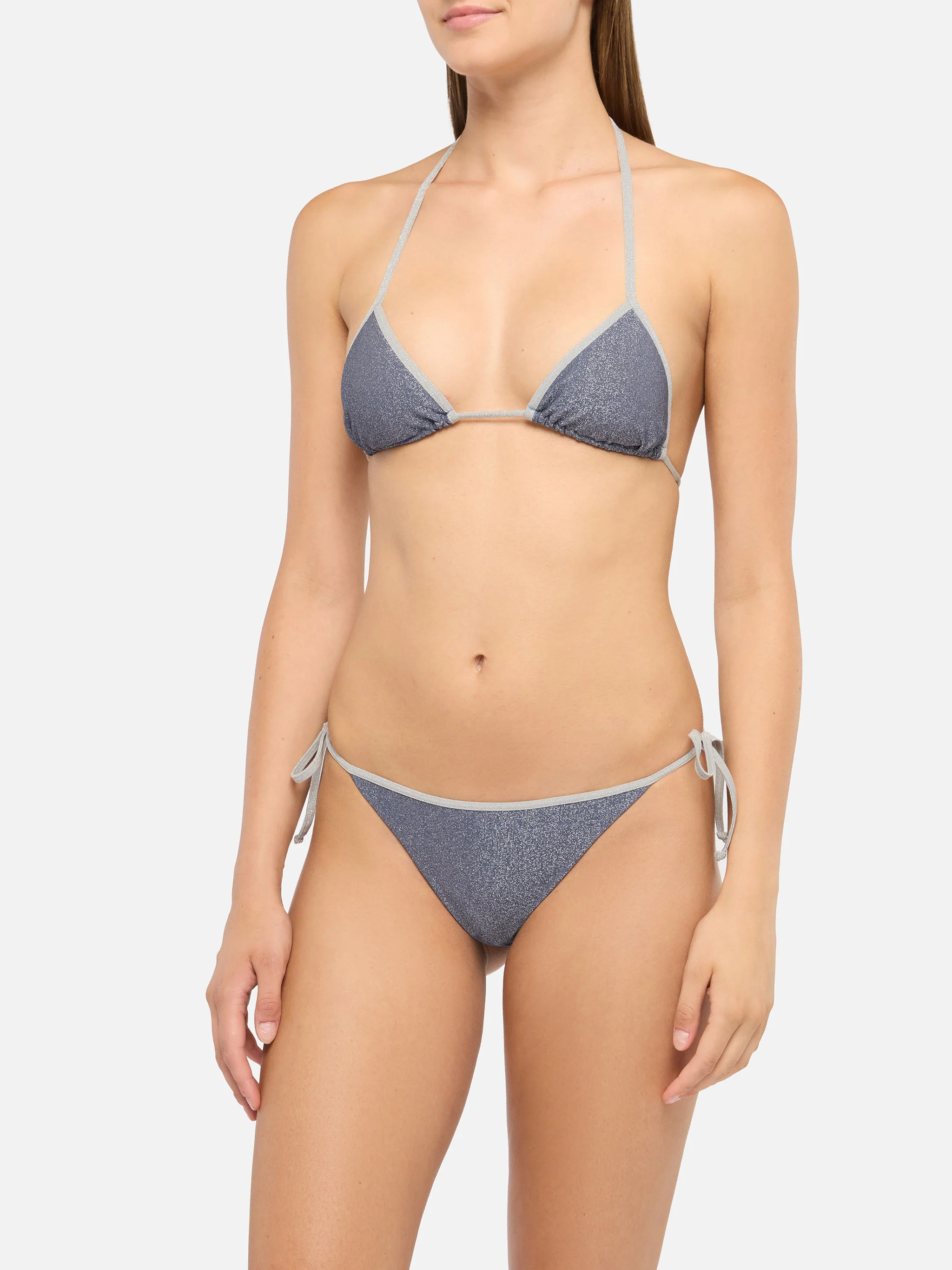 Bikini a triangolo classico Leah Marielle  in lurex color avio blue con profilo argento - Image 2