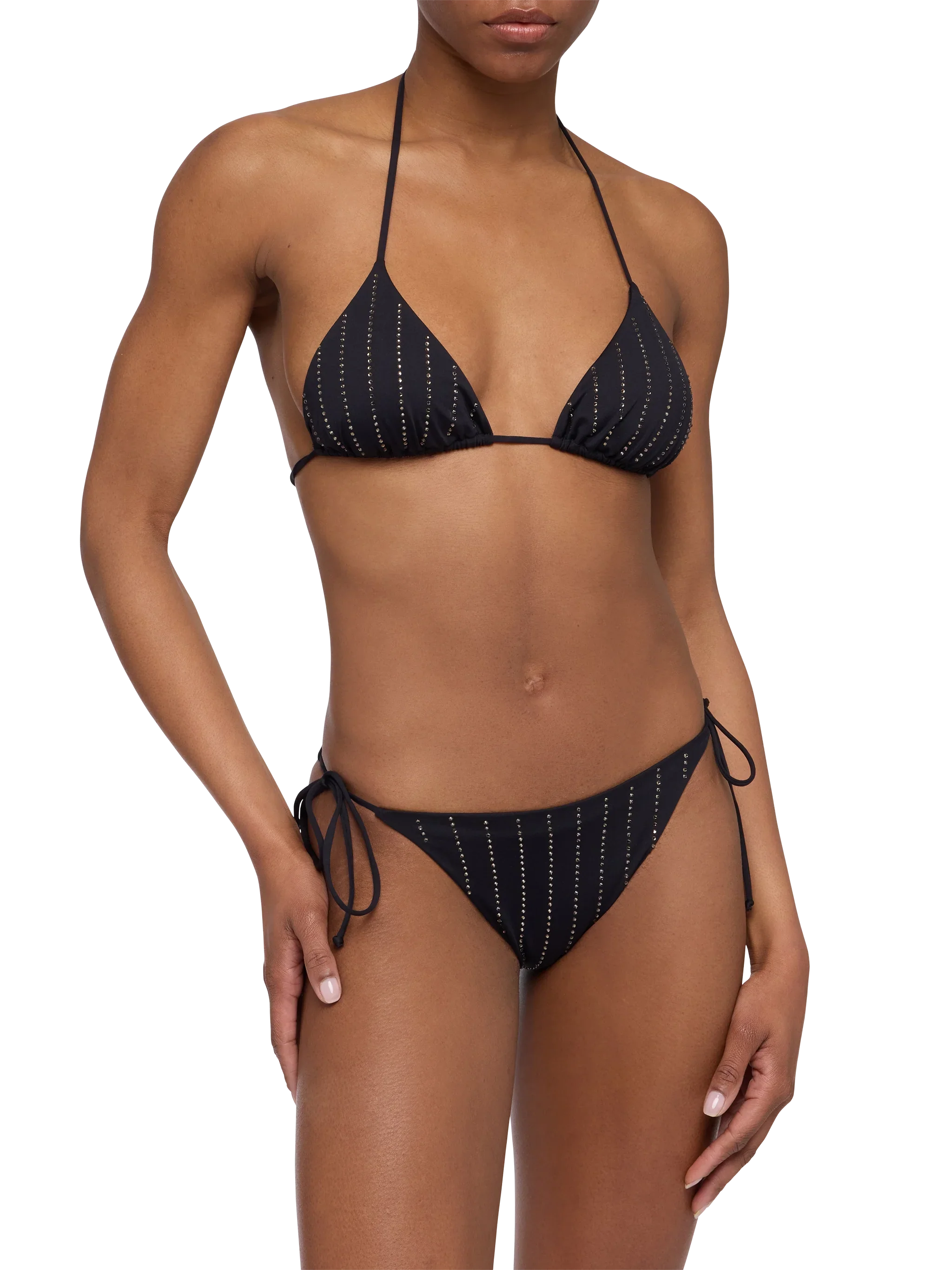 Bikini nero classico a triangolo Leah Marielle con decorazione a righe in strass - Image 2