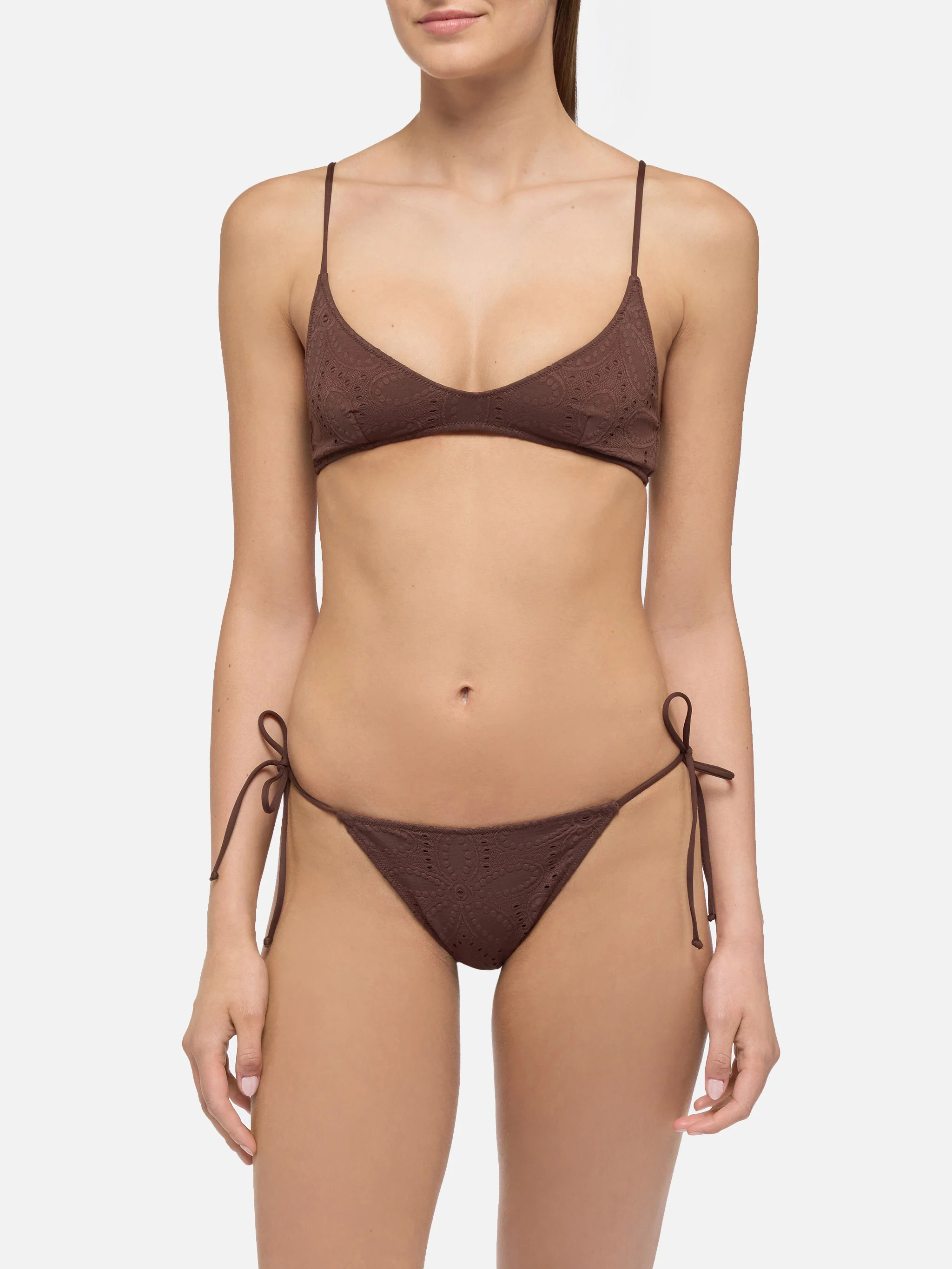 Bikini a bralette scollata Paloma Marielle in sangallo marrone - Image 2