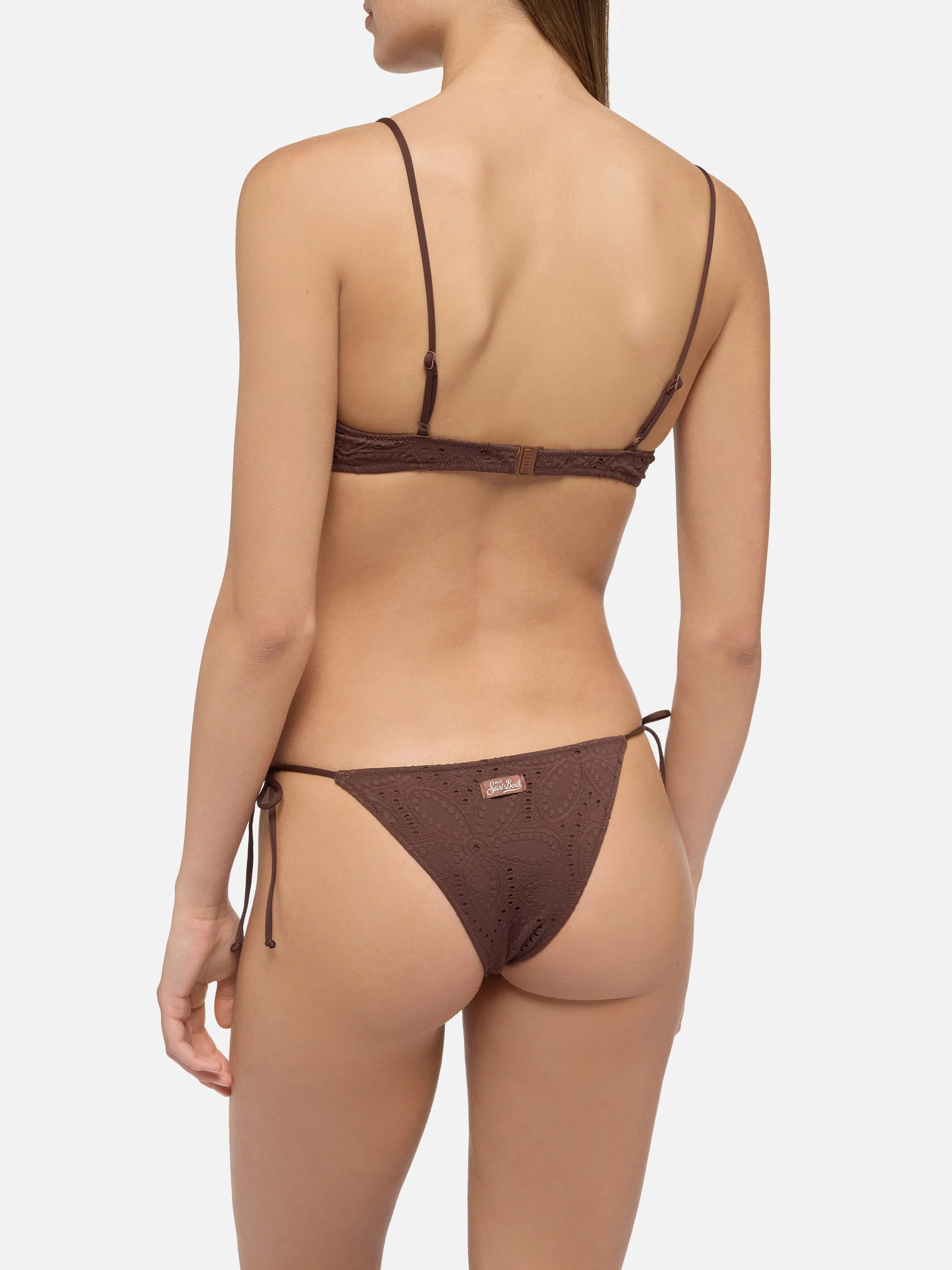 Bikini a bralette scollata Paloma Marielle in sangallo marrone - Image 3