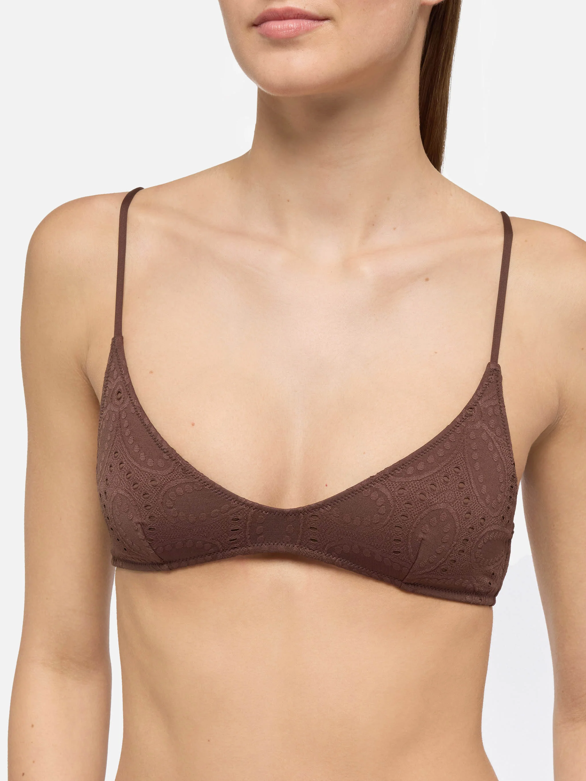 Bikini a bralette scollata Paloma Marielle in sangallo marrone - Image 4