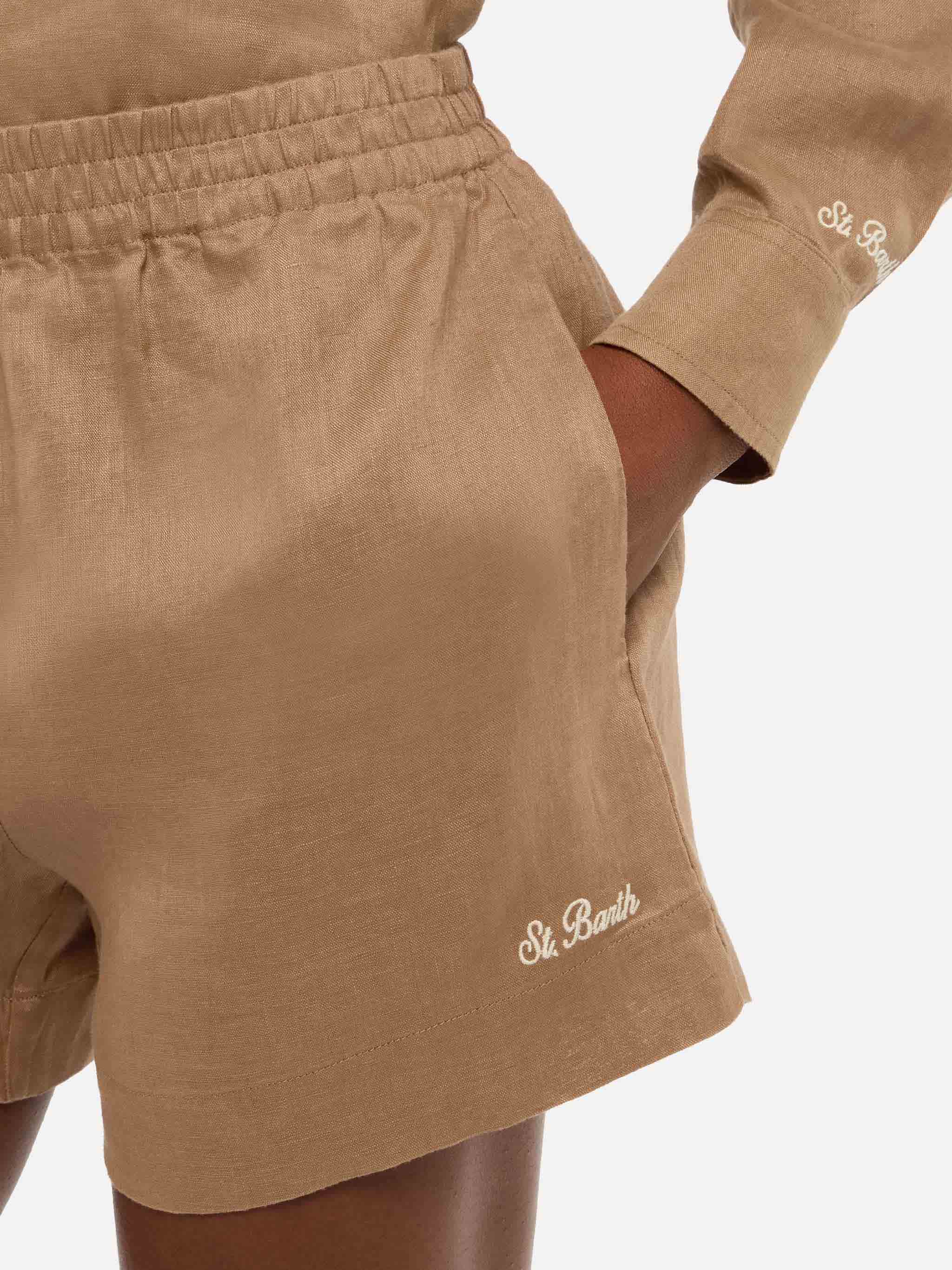 Meave shorts pull up in lino color marrone cammello - Image 2