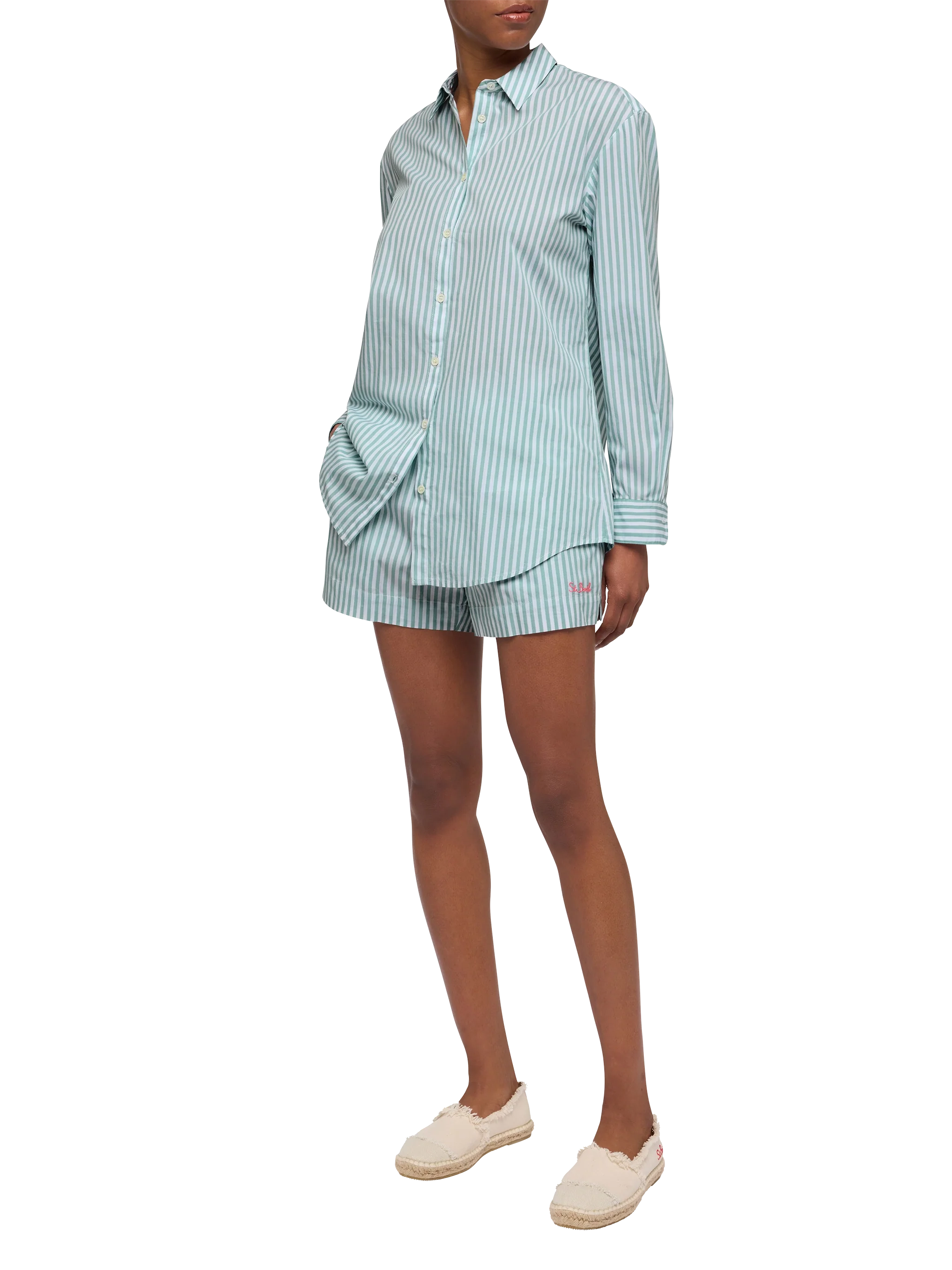 Meave shorts pull up in popeline di cotone con stampa a righe - Image 2