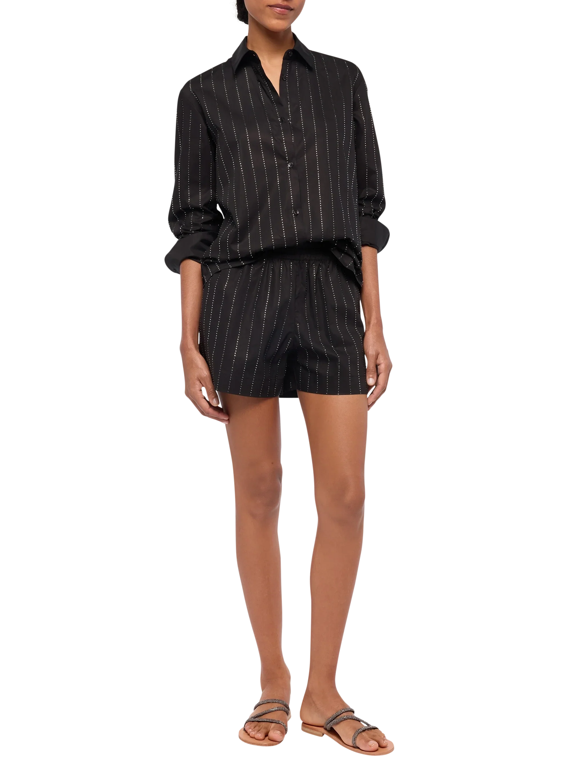 Meave shorts pull up in popeline di cotone con decorazione di strass a righe - Image 4