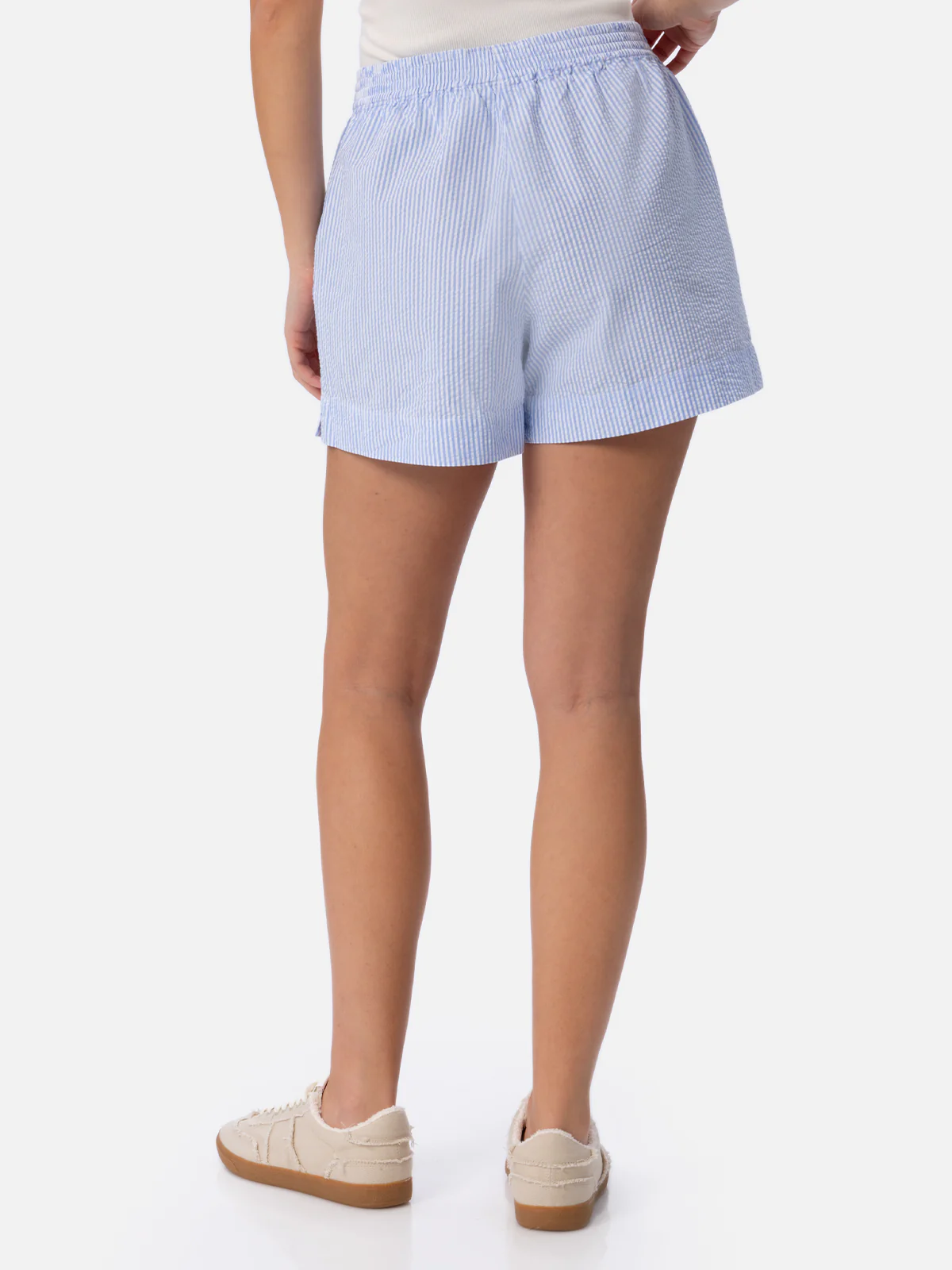 Meave shorts pull up in cotone seersucker con stampa a righe azzurre - Image 3