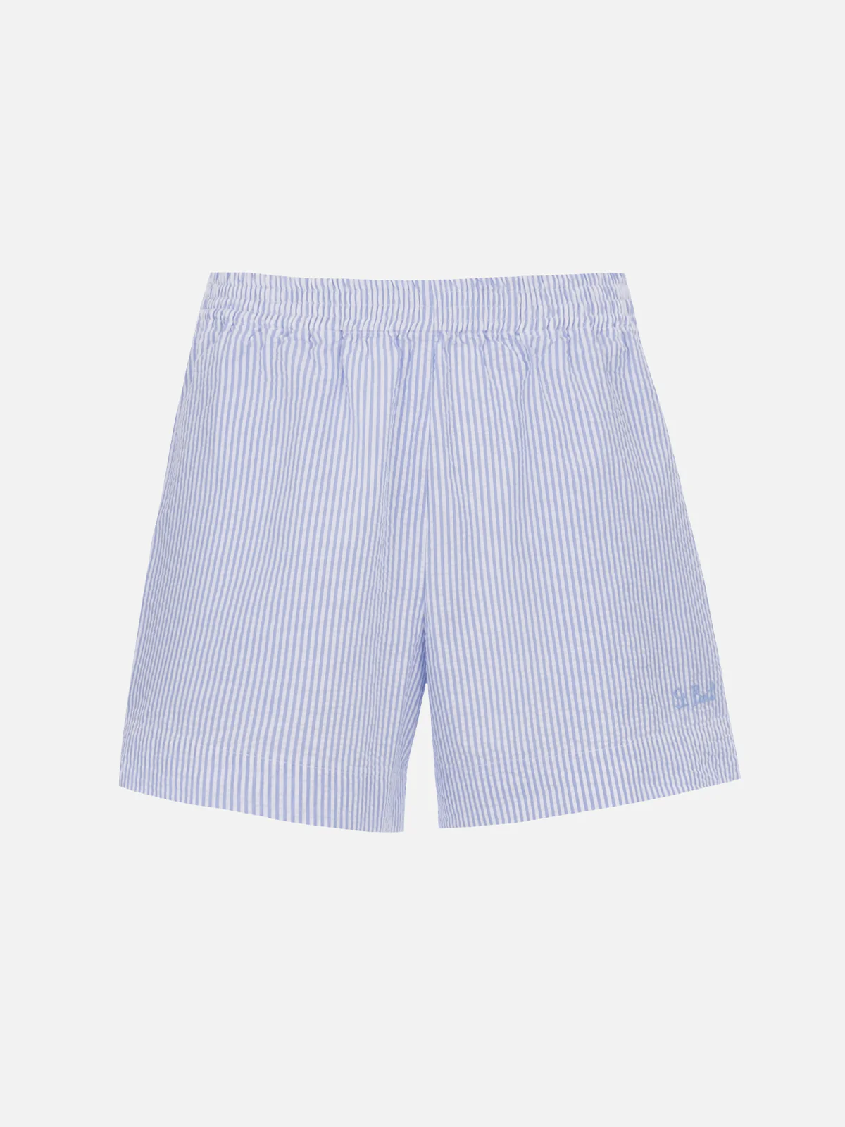 Meave shorts pull up in cotone seersucker con stampa a righe azzurre - Image 5