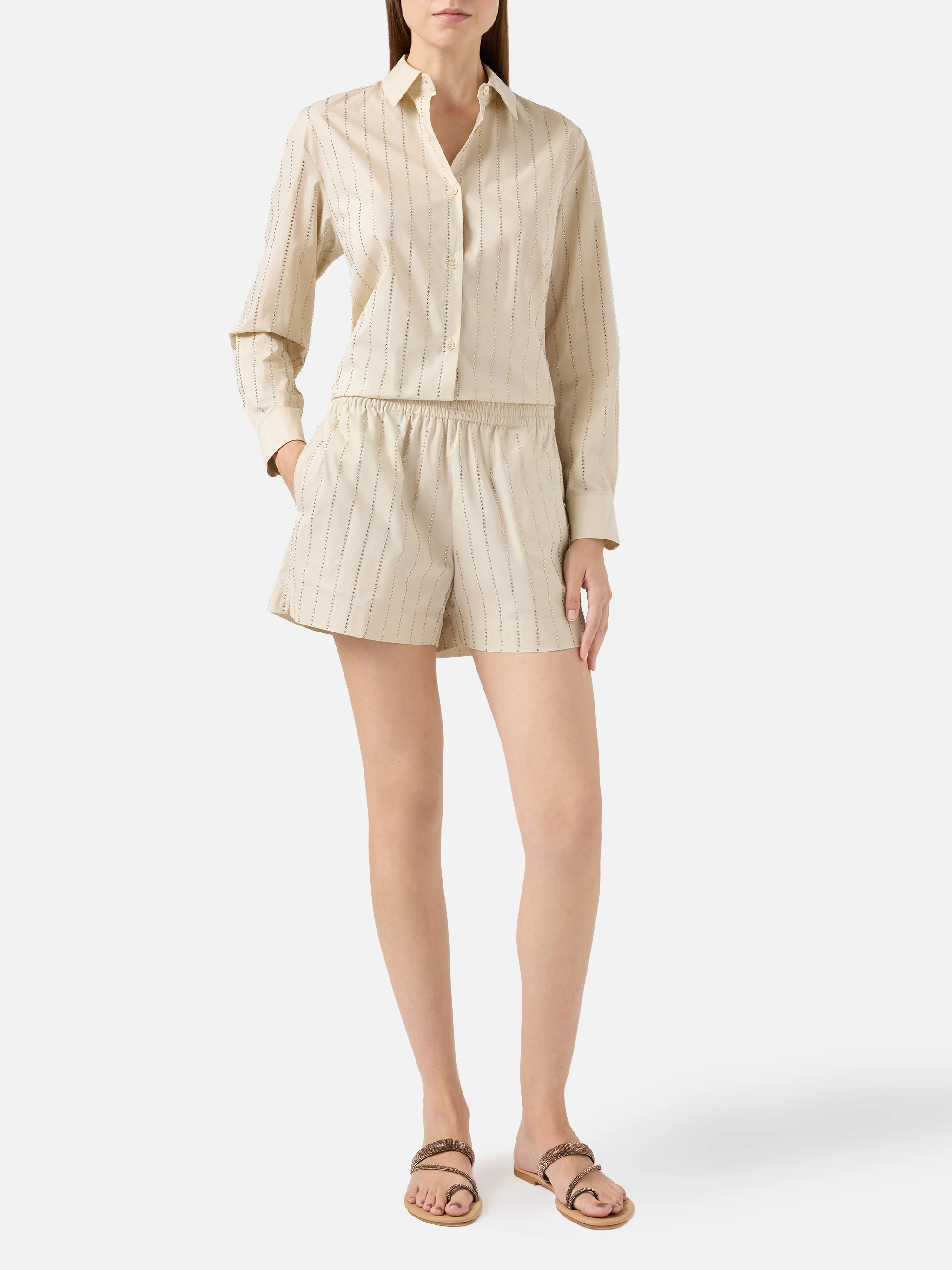 Meave shorts pull up in popeline di cotone con decorazione di strass a righe - Image 2