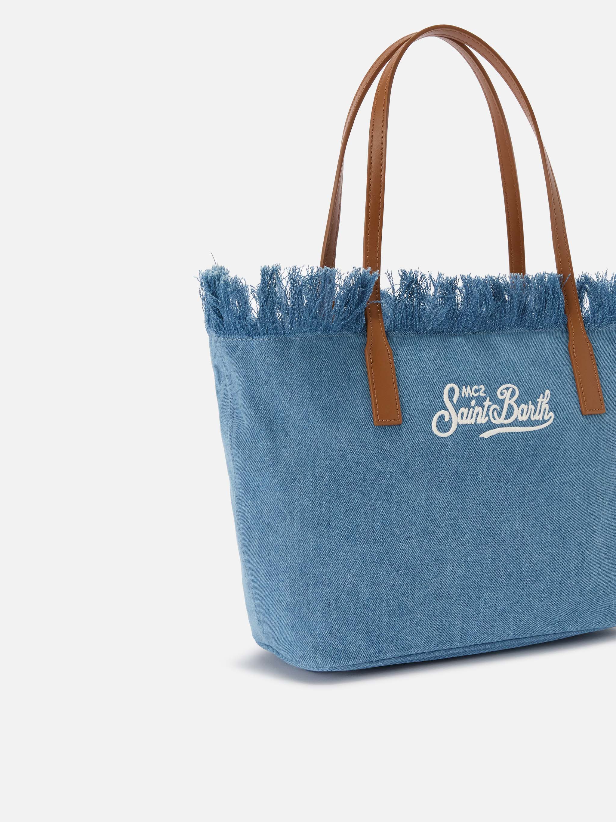 Borsa shopper City medium in tessuto denim con frange - Image 3