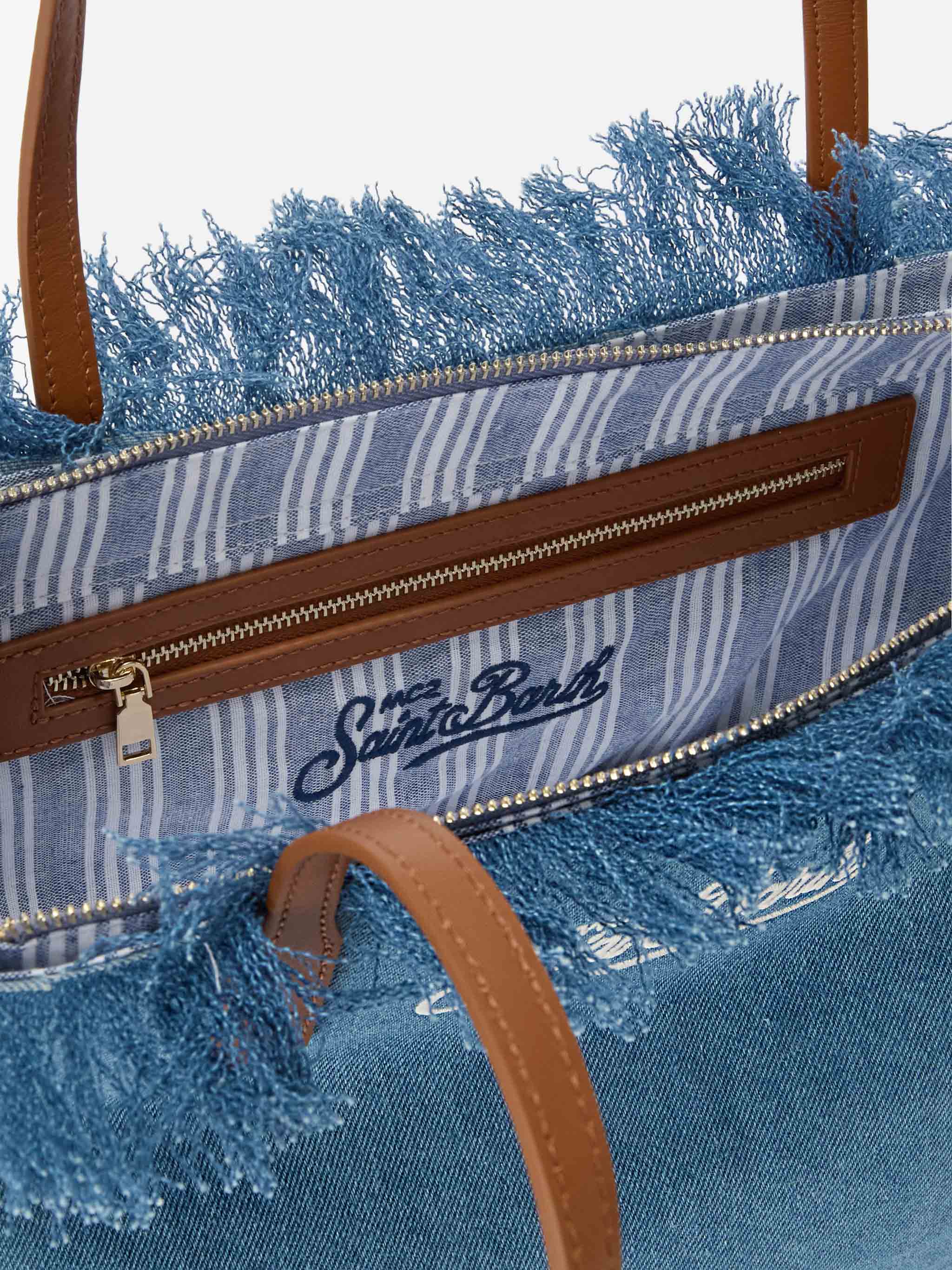 Borsa shopper City medium in tessuto denim con frange - Image 5