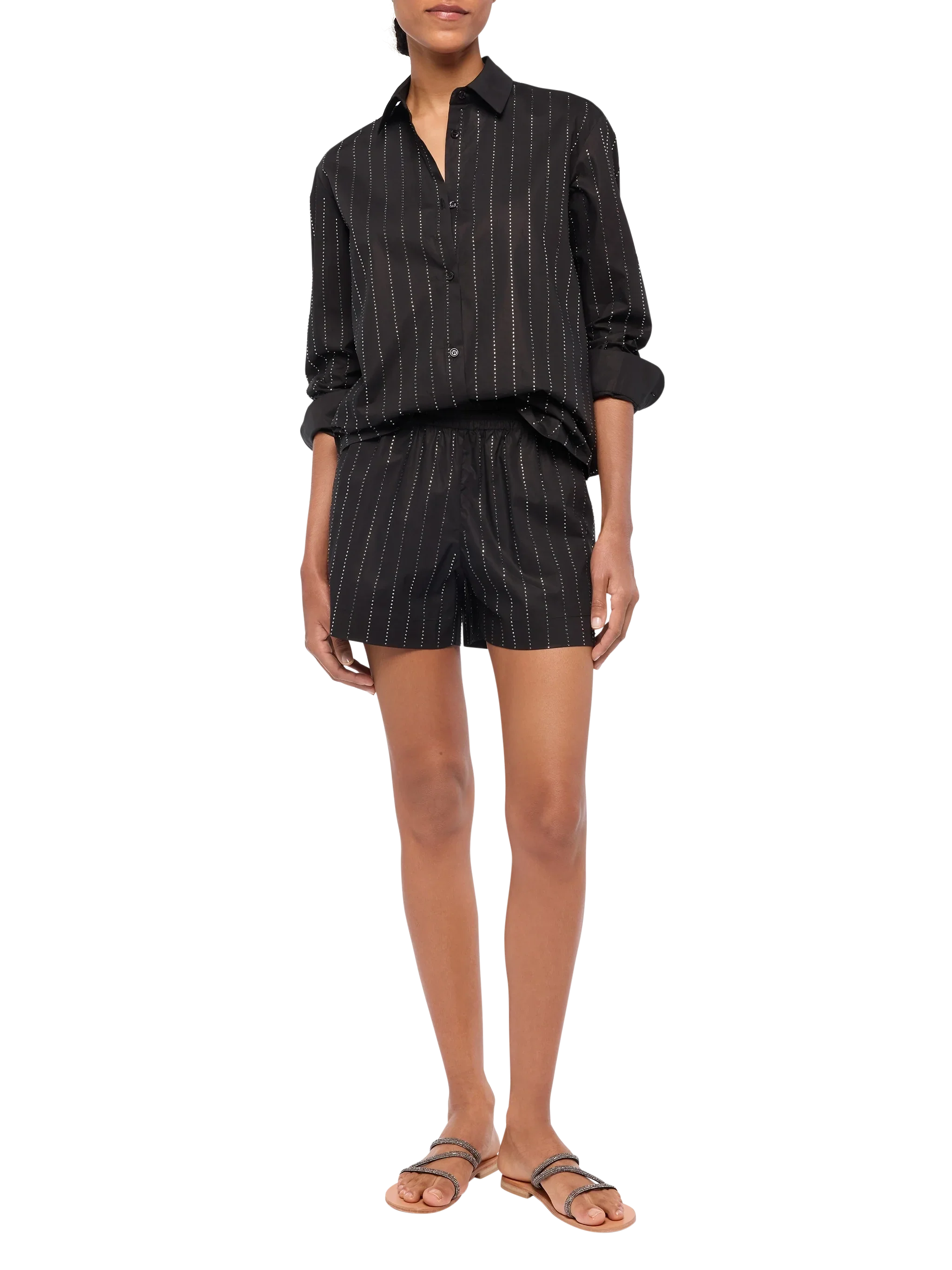 Meredith camicia classica in popeline di cotone con applicazioni di strass a righe - Image 4