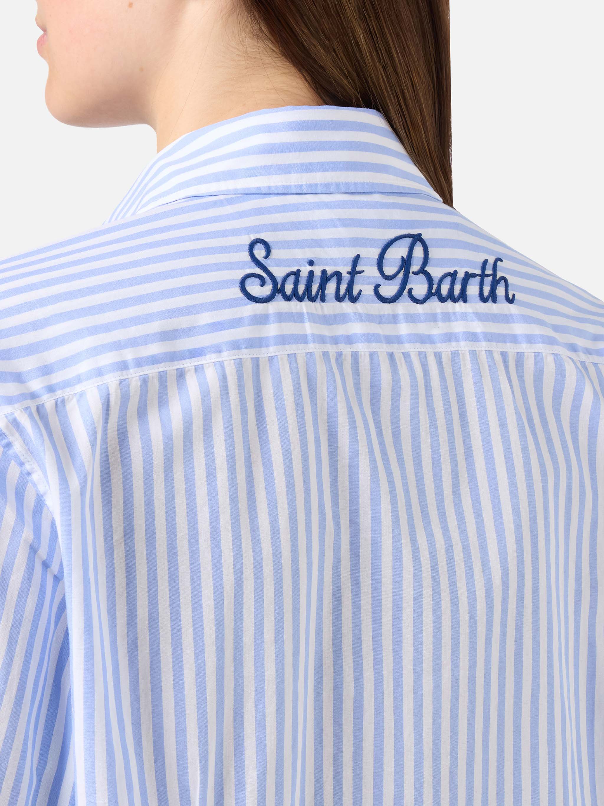Camicia Meredith in cotone a righe blu con ricamo Saint Barth - Image 2