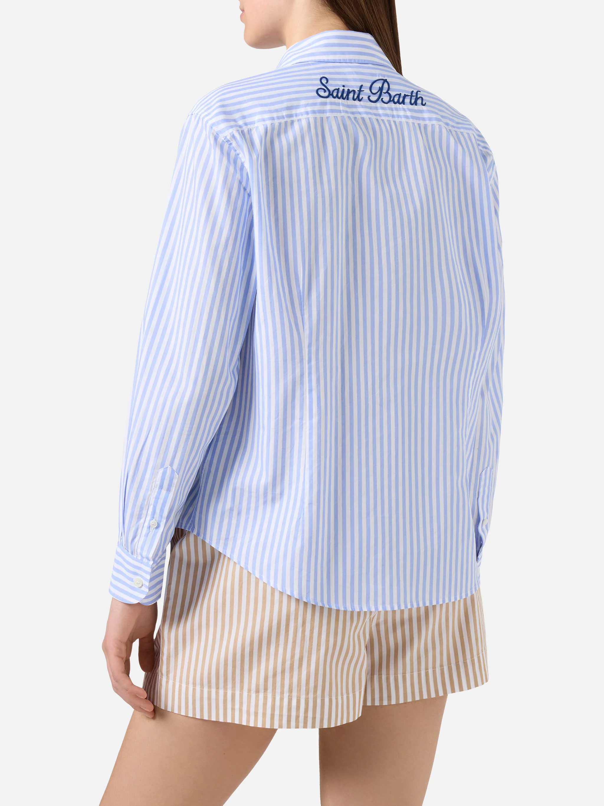 Camicia Meredith in cotone a righe blu con ricamo Saint Barth - Image 3