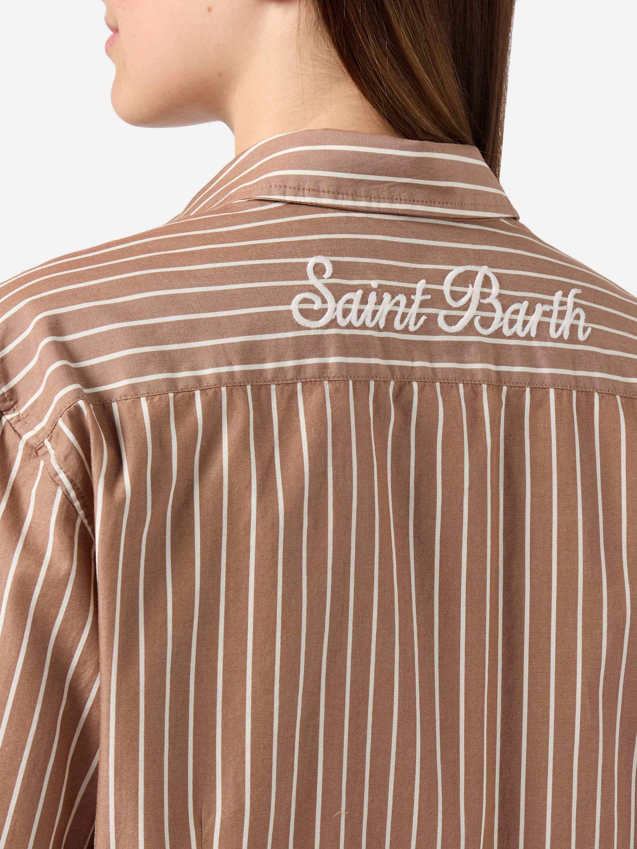 Camicia Meredith in cotone a righe marroni con ricamo Saint Barth - Image 2