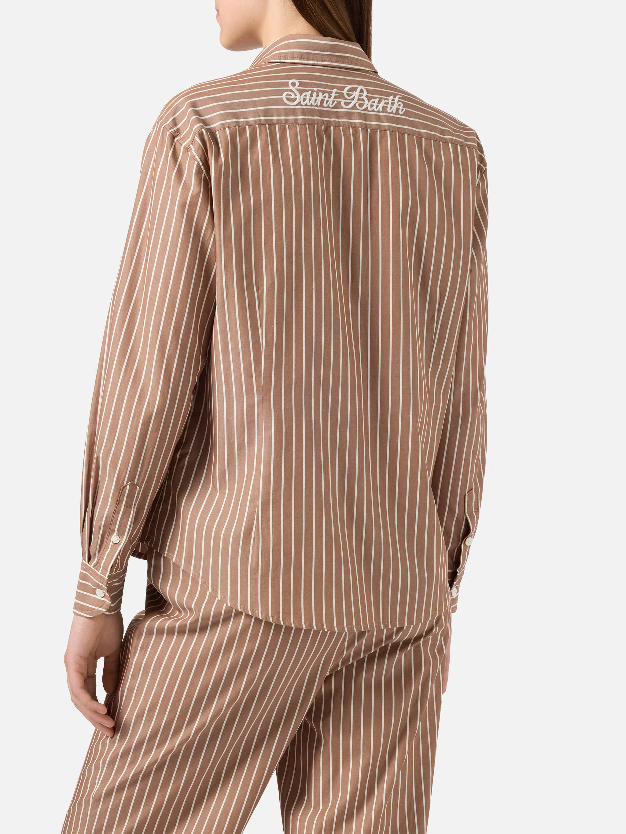 Camicia Meredith in cotone a righe marroni con ricamo Saint Barth - Image 3