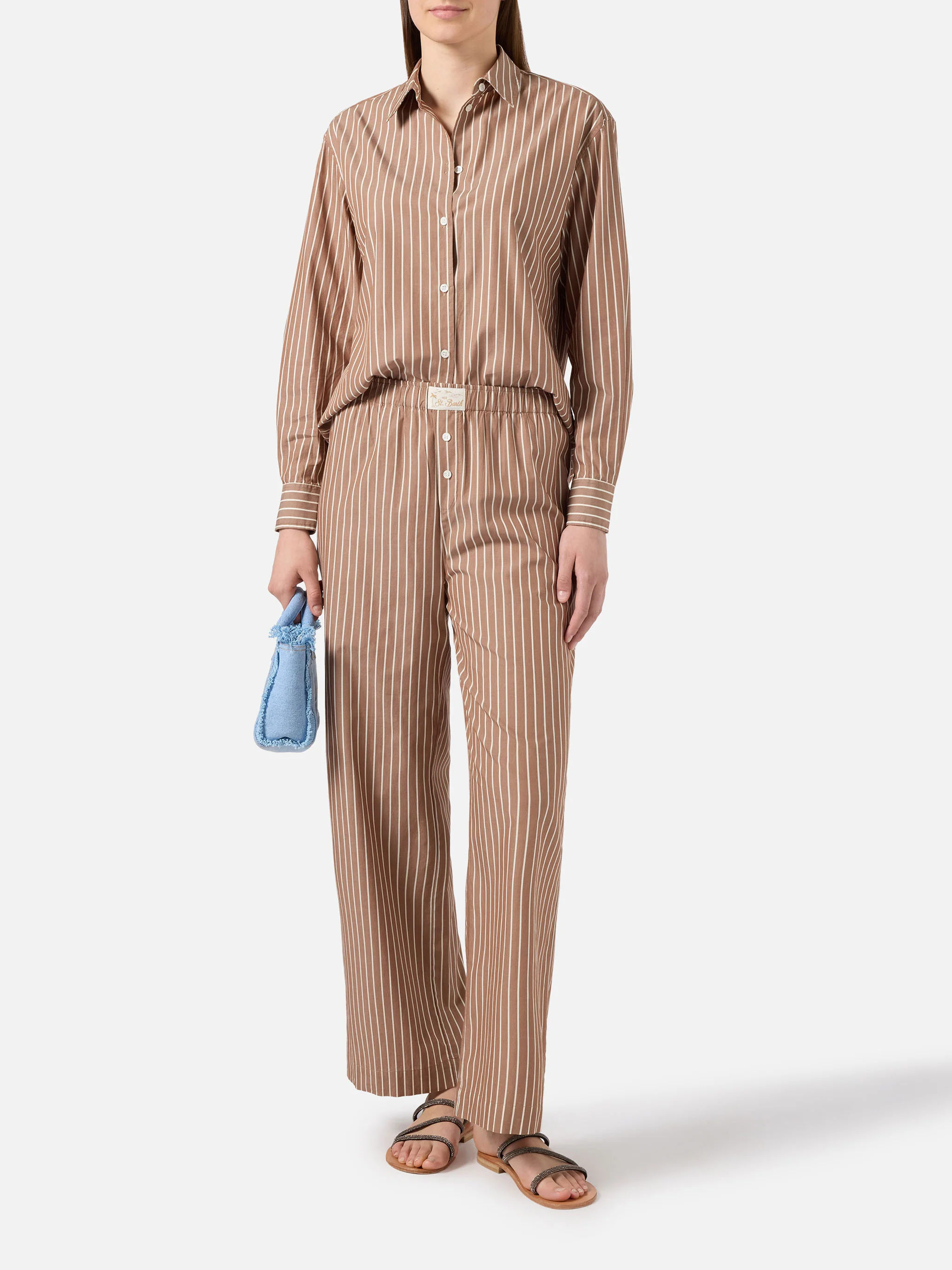 Camicia Meredith in cotone a righe marroni con ricamo Saint Barth - Image 4