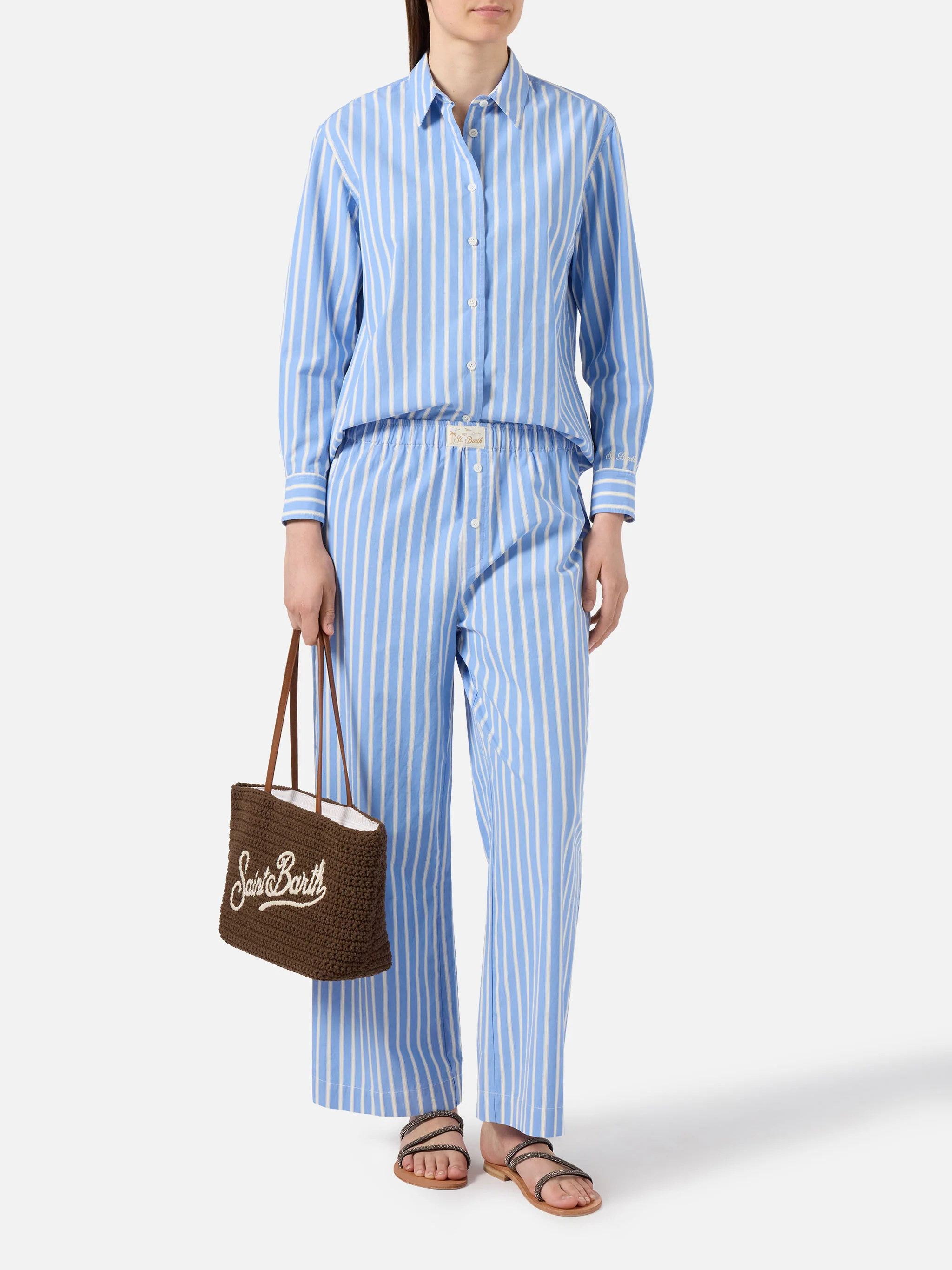 Camicia Meredith in cotone a righe azzurre con ricamo Saint Barth - Image 4