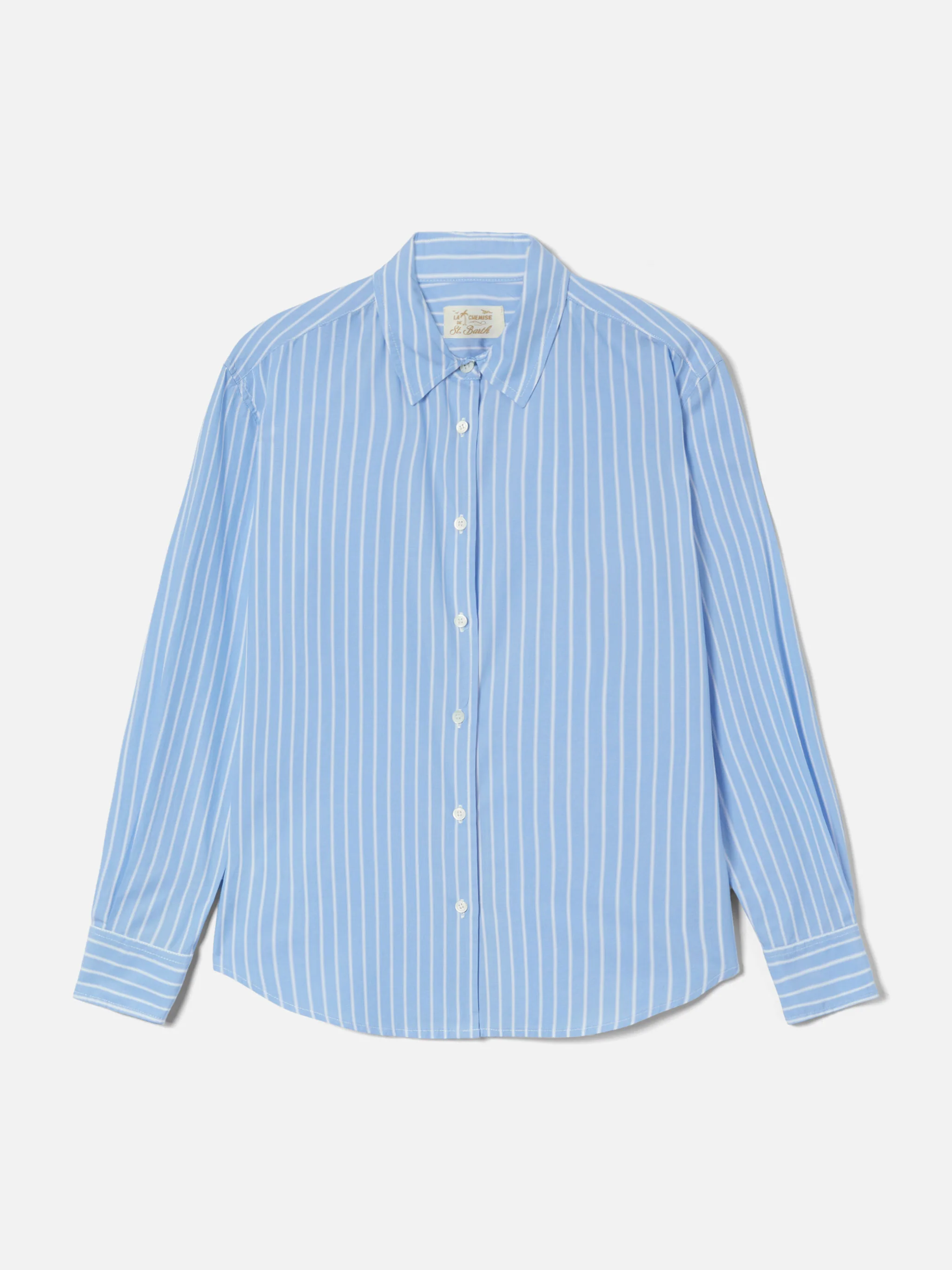 Camicia Meredith in cotone a righe azzurre con ricamo St. Barth Queen - Image 4