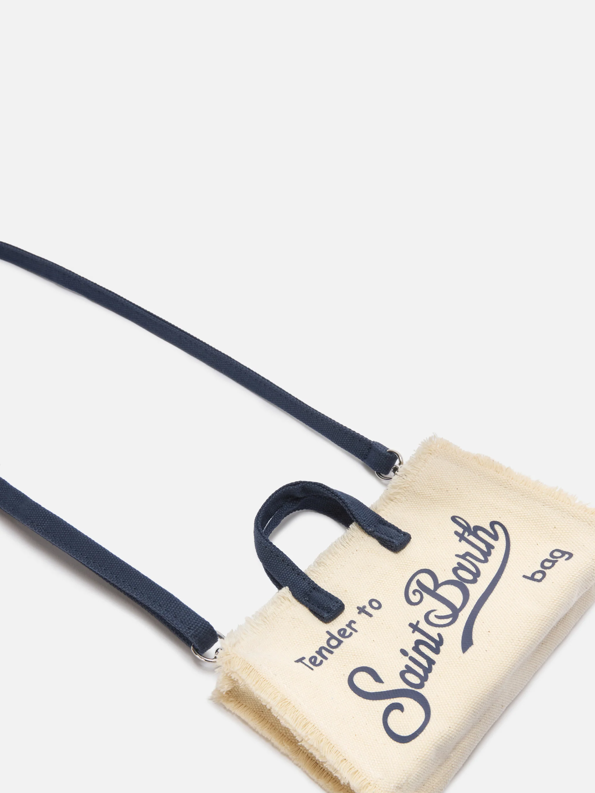 Borsa Phone micro in canvas bianco con dettagli blu e logo a contrasto - Image 2