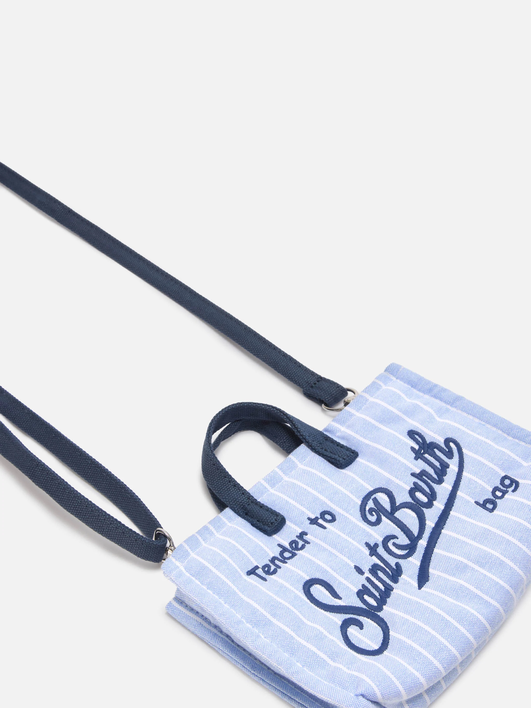 Borsa Phone micro in canvas a righe bianche e azzurre con logo a contrasto - Image 2