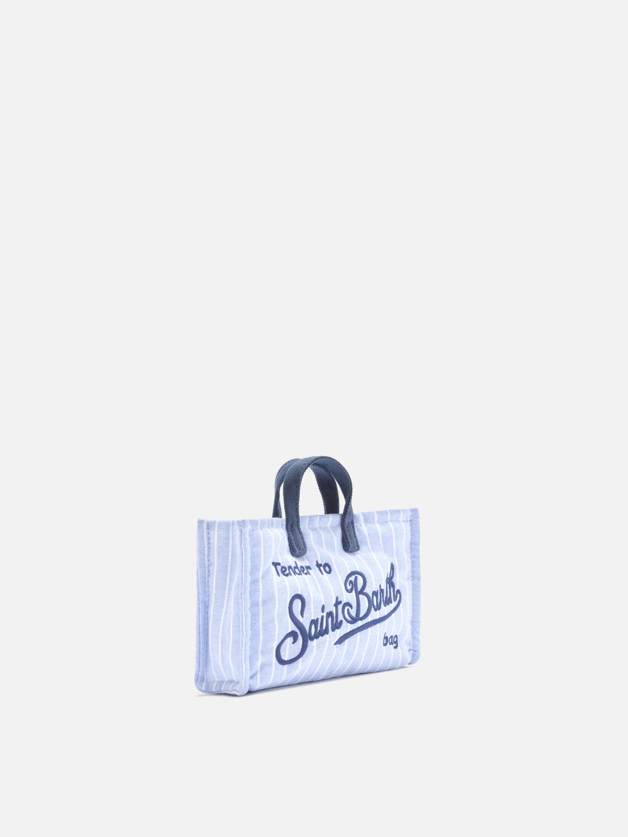 Borsa Phone micro in canvas a righe bianche e azzurre con logo a contrasto - Image 3