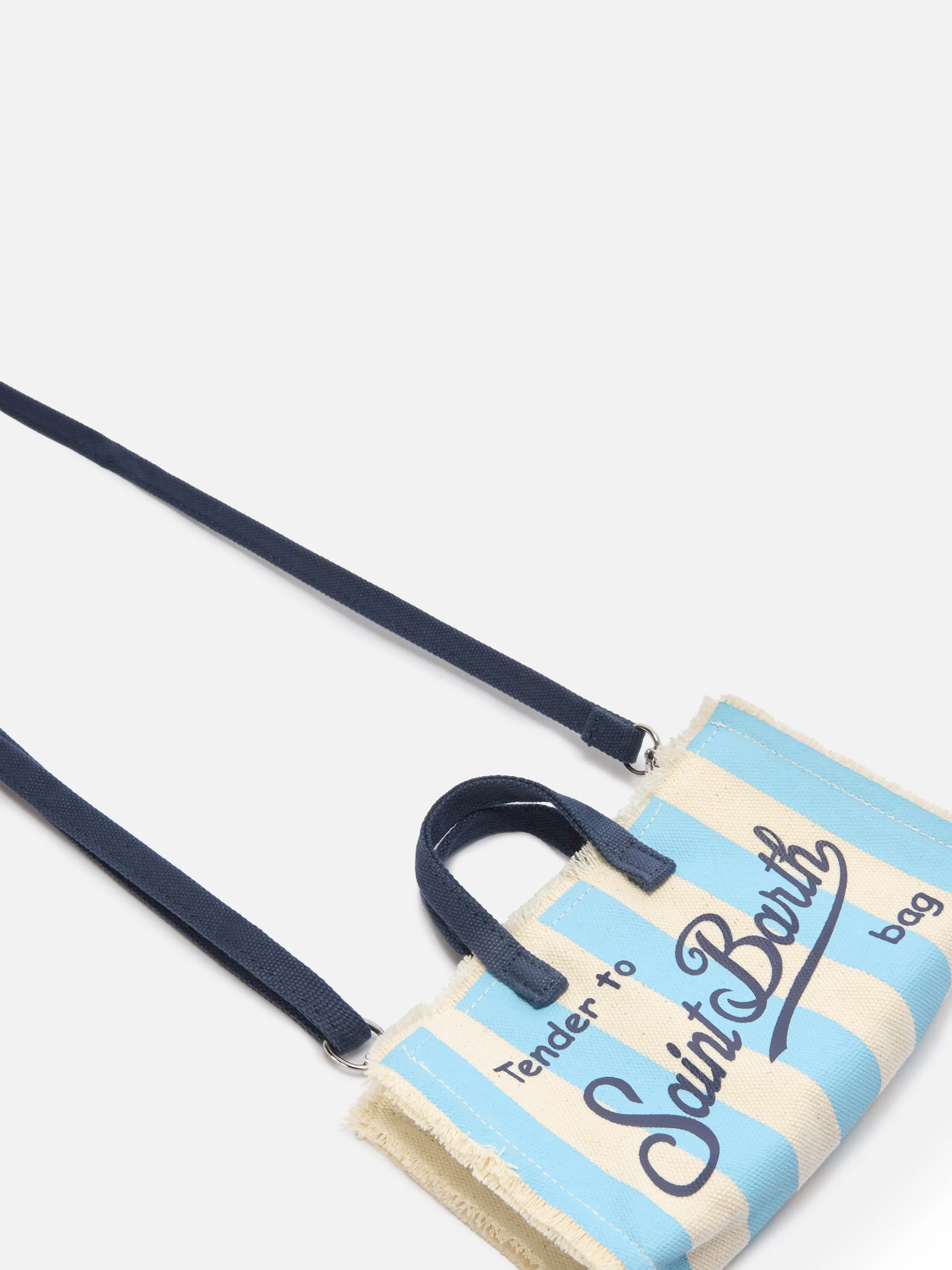 Borsa Phone micro in canvas a righe bianche e azzurre con logo a contrasto - Image 2