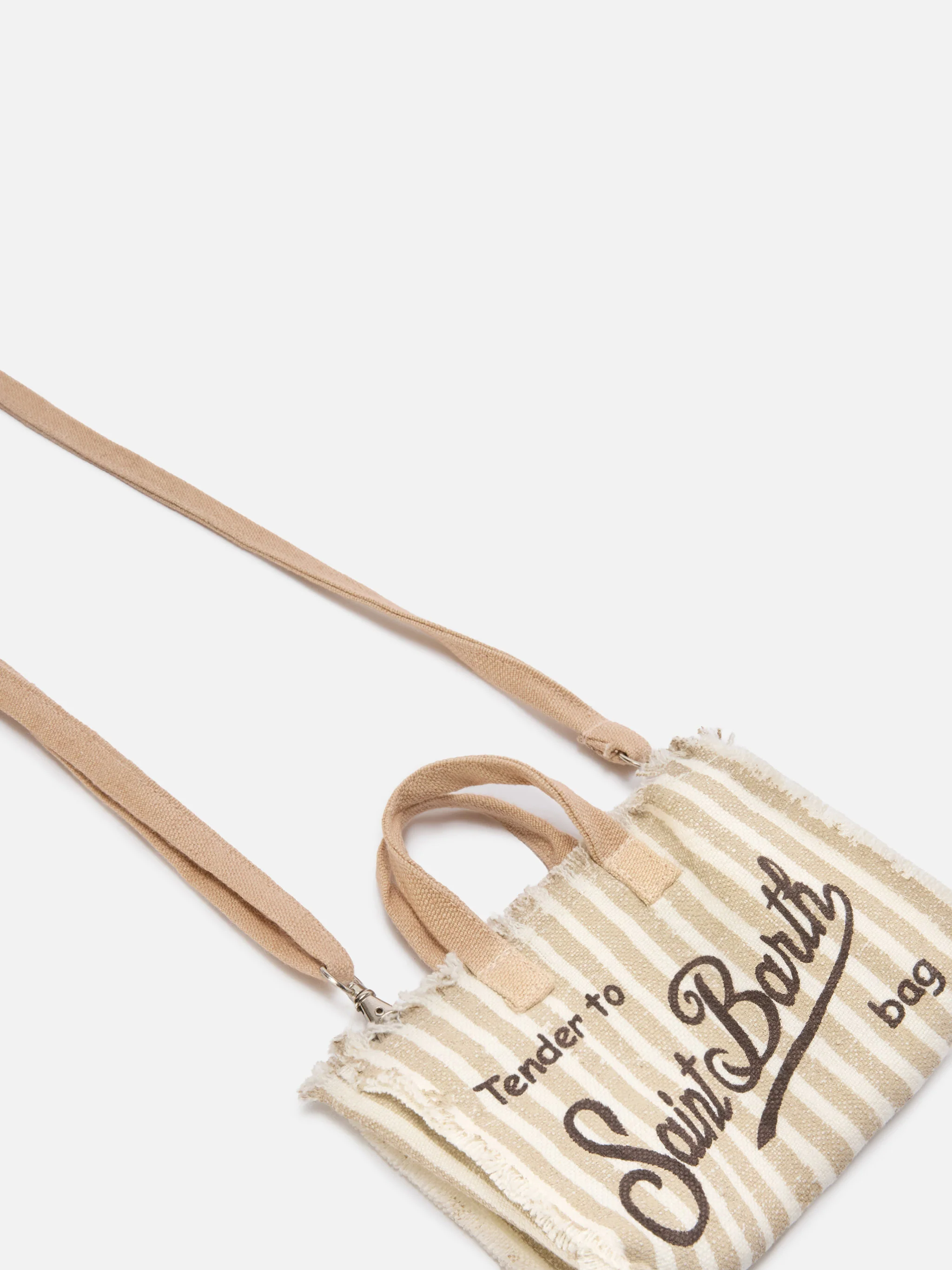 Borsa Phone micro in lino a righe beige e bianche con logo a contrasto - Image 2