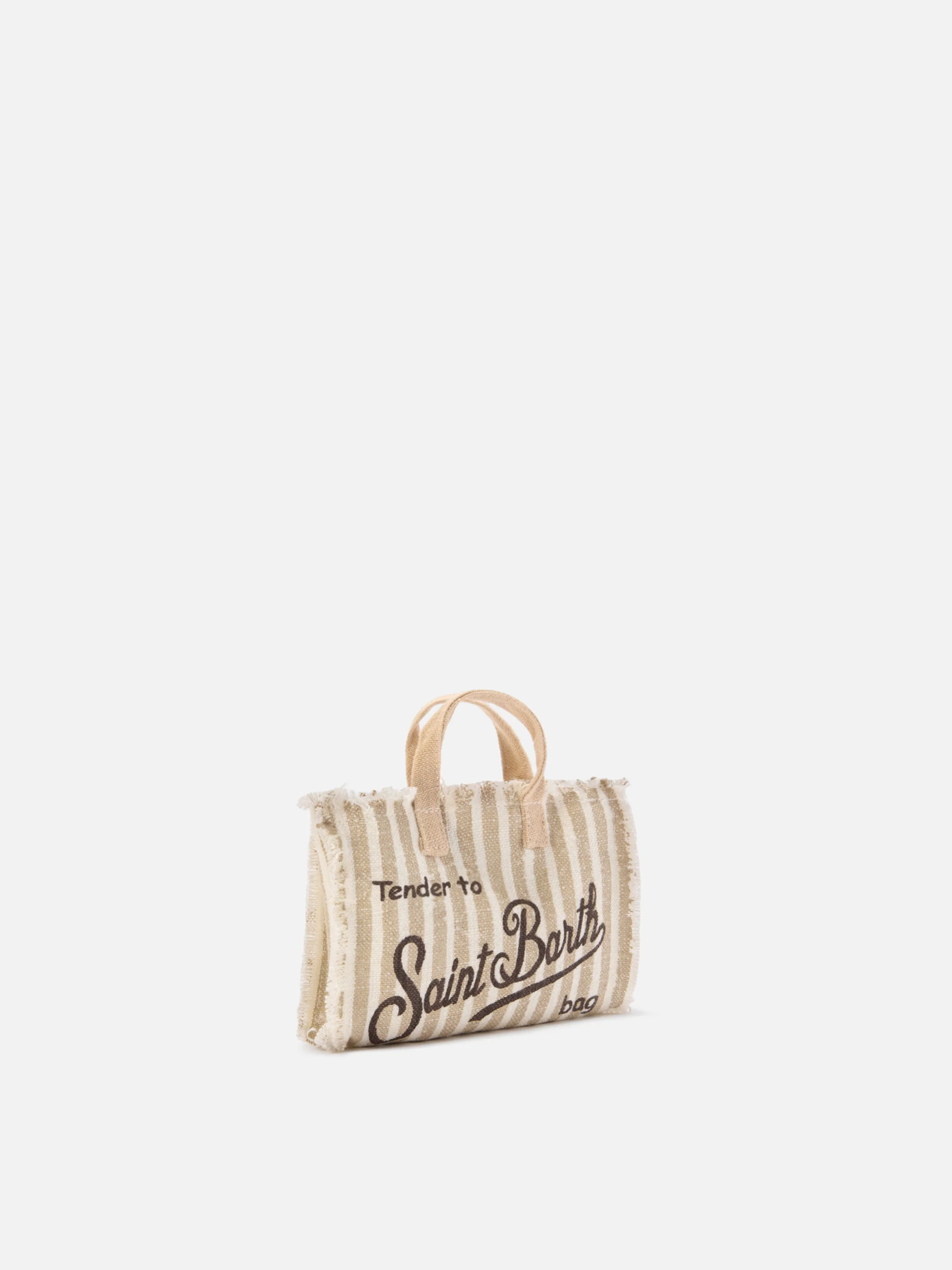Borsa Phone micro in lino a righe beige e bianche con logo a contrasto - Image 3