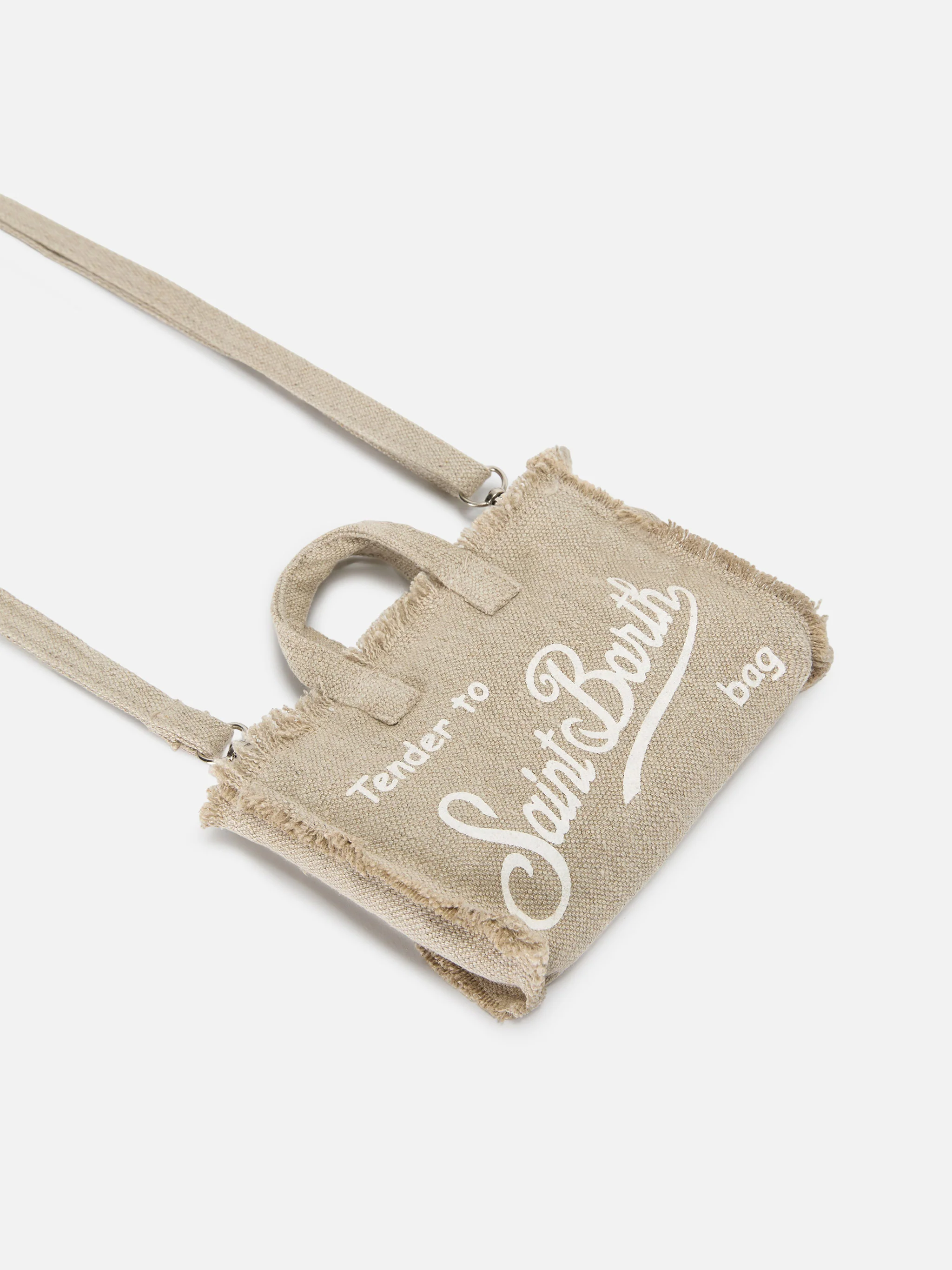 Borsa Phone micro in lino beige tinta unita con logo a contrasto - Image 3