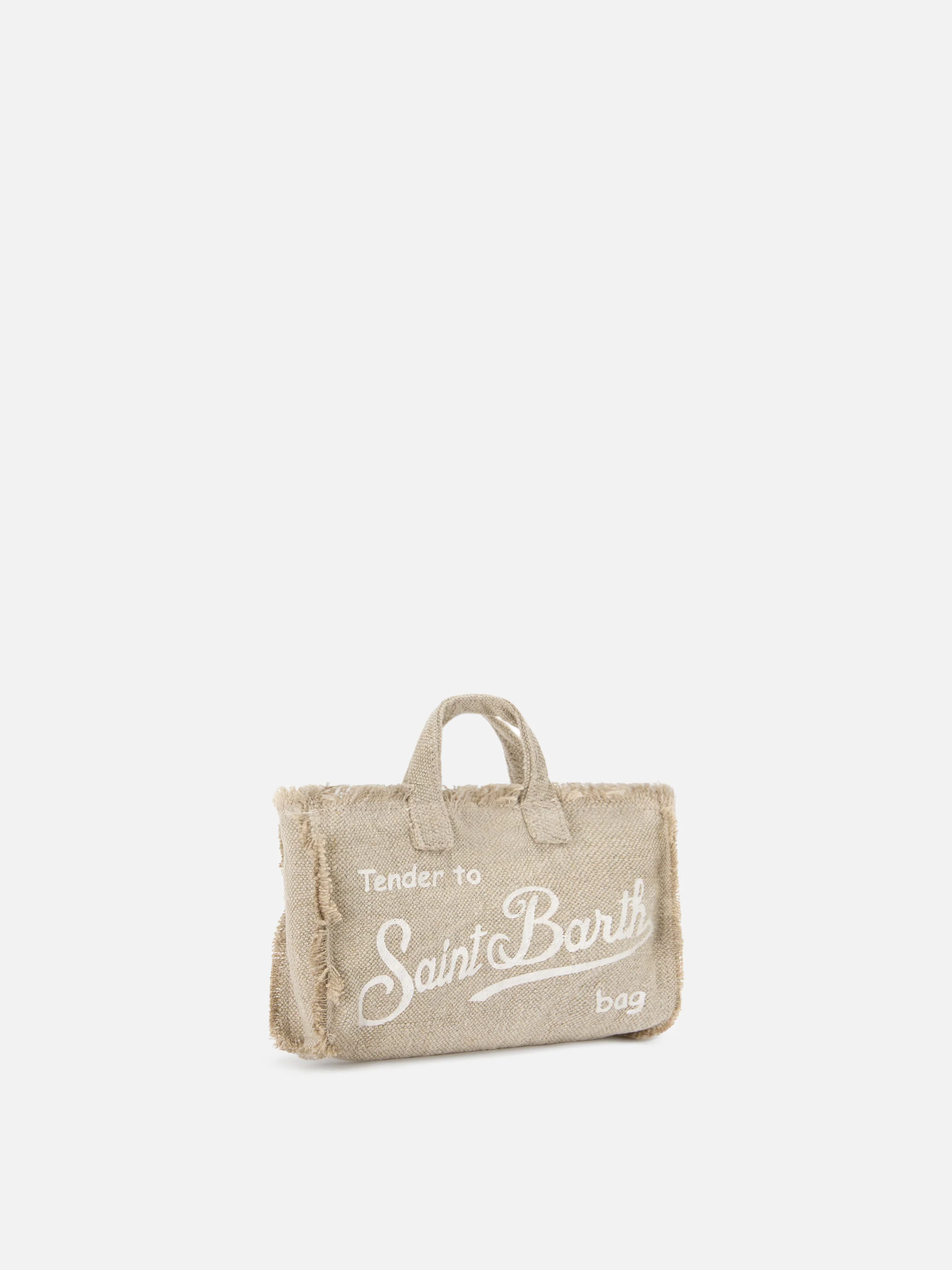 Borsa Phone micro in lino beige tinta unita con logo a contrasto - Image 4