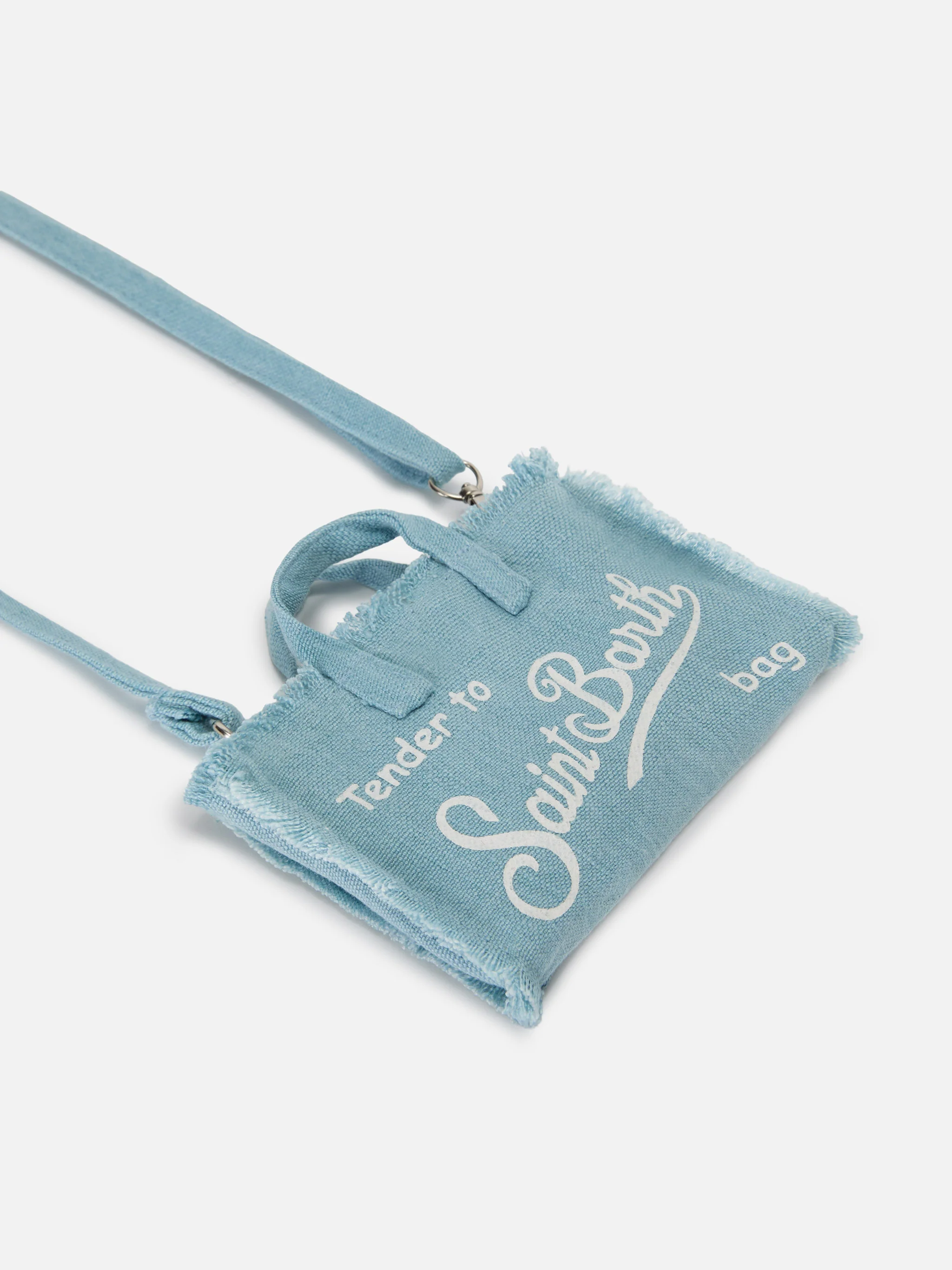Borsa Phone micro in lino azzurro tinta unita con logo a contrasto - Image 2