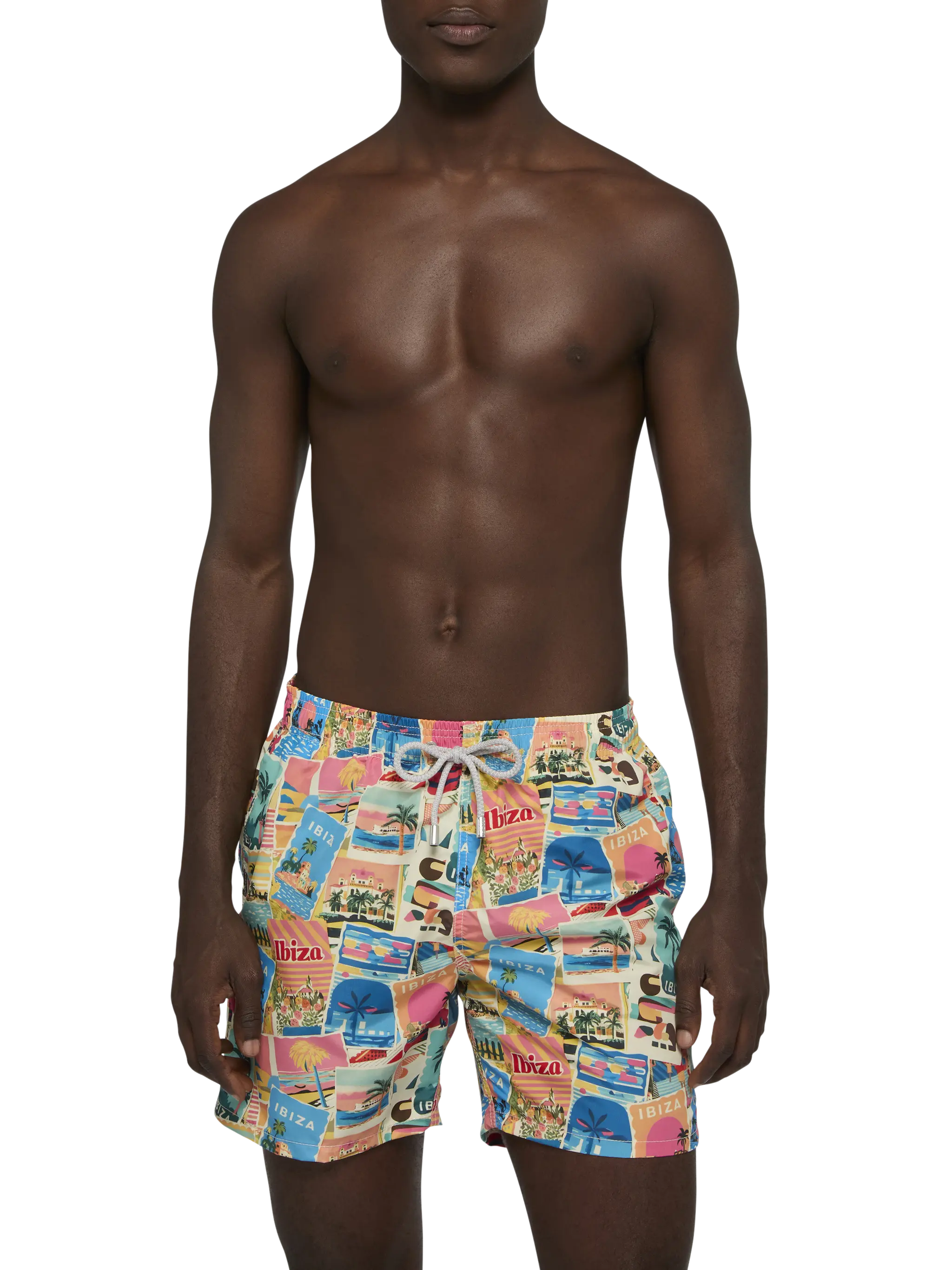 Costume mare lunghezza media Gustavia con stampa cartolina Ibiza | AI CO-CREATED DESIGN BY RICKDICK - POWERED BY RED-EYE - Image 3