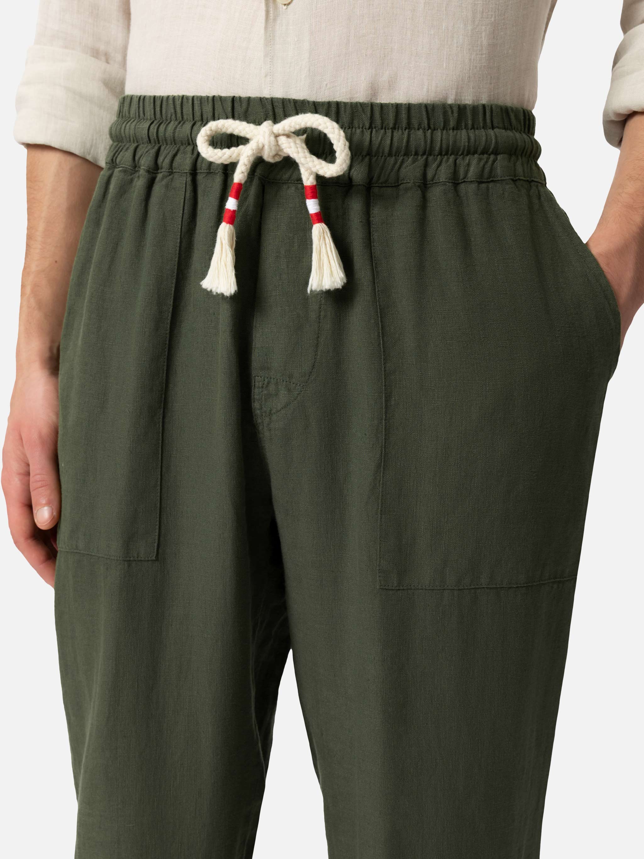 Pantaloni in lino verde militare Calais con coulisse - Image 3