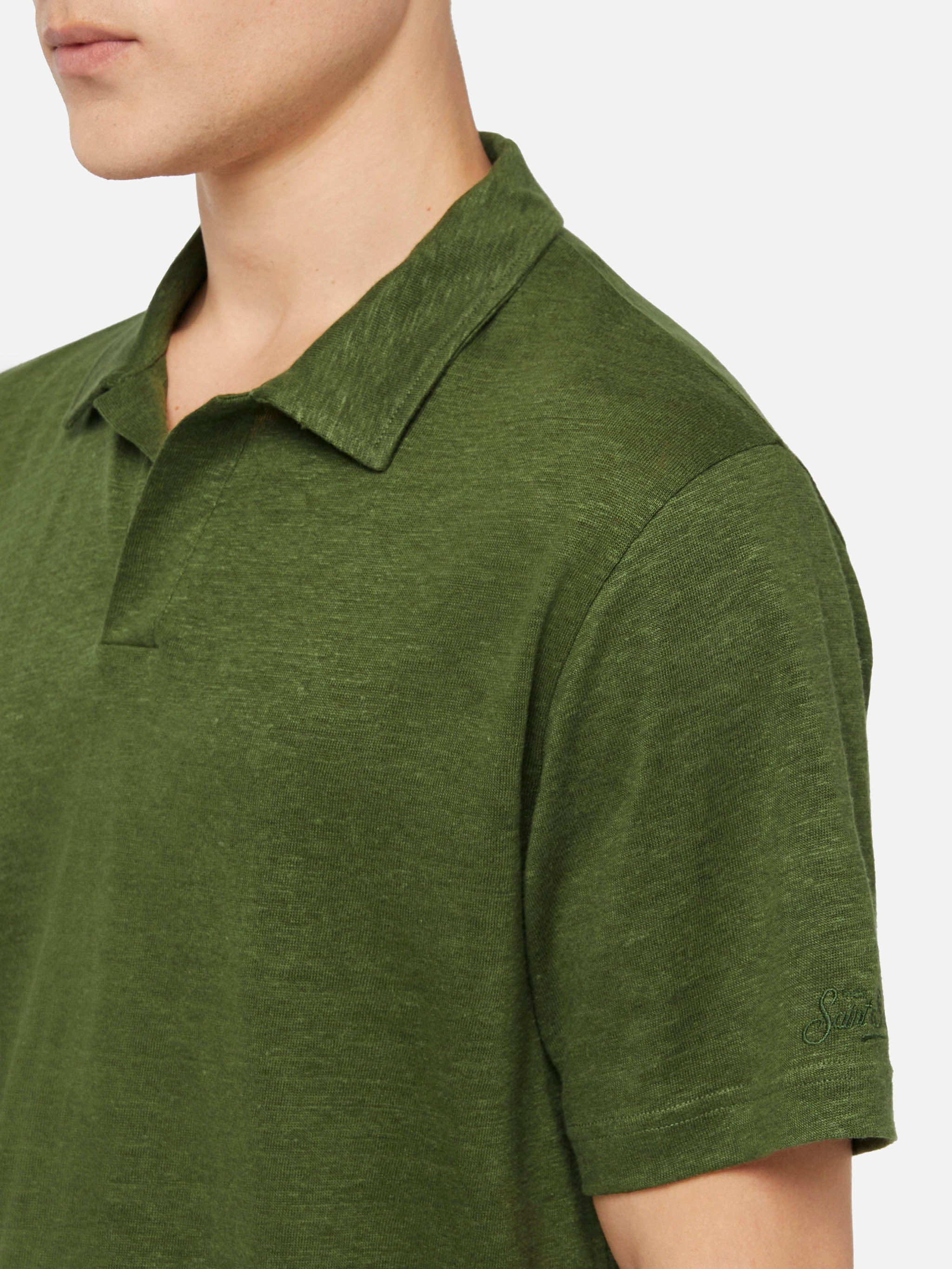 Polo in lino verde militare Fraser senza bottoni - Image 2