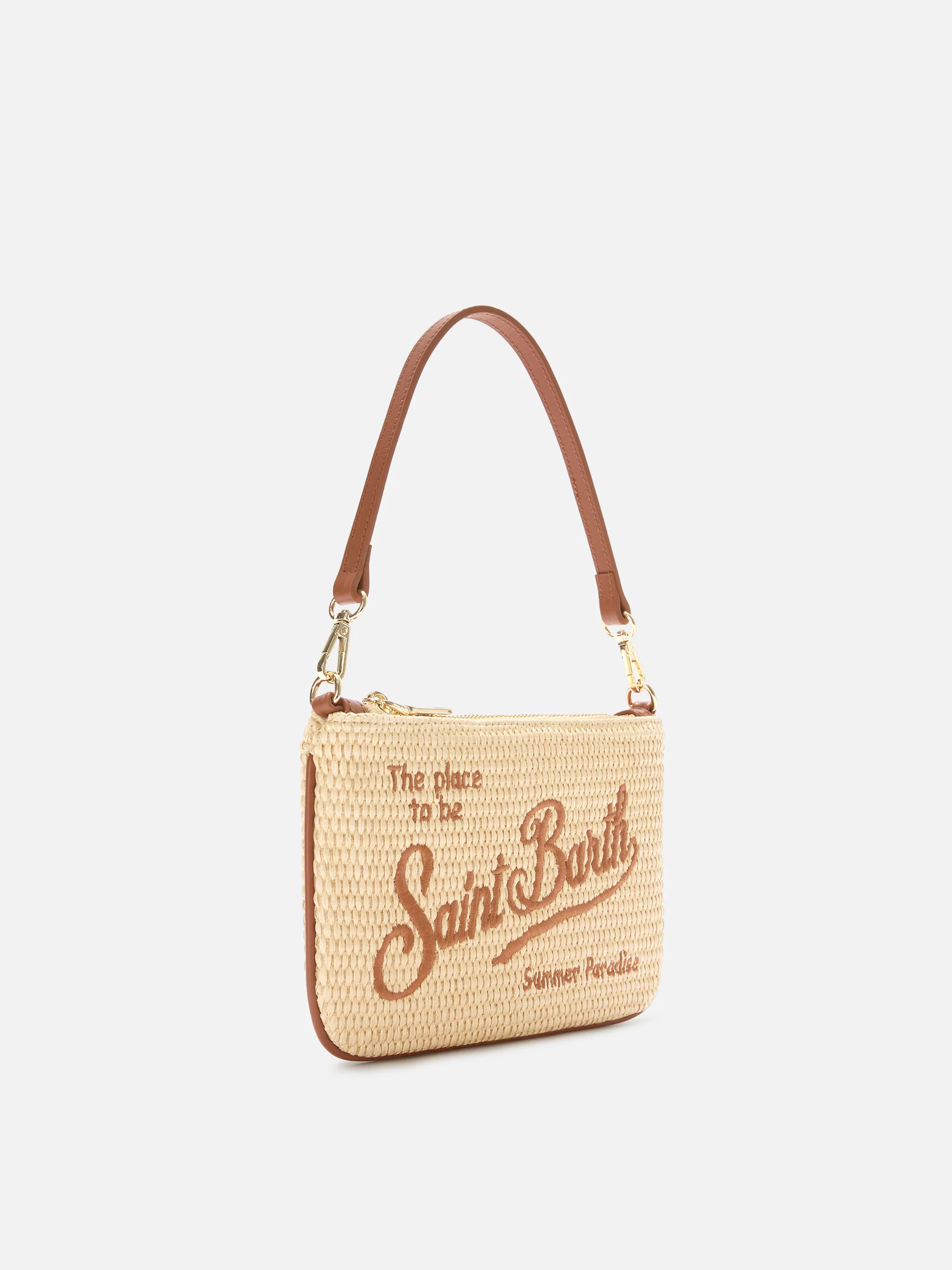Pouch Mini Parisienne effetto paglia con logo ricamato marrone - Image 3