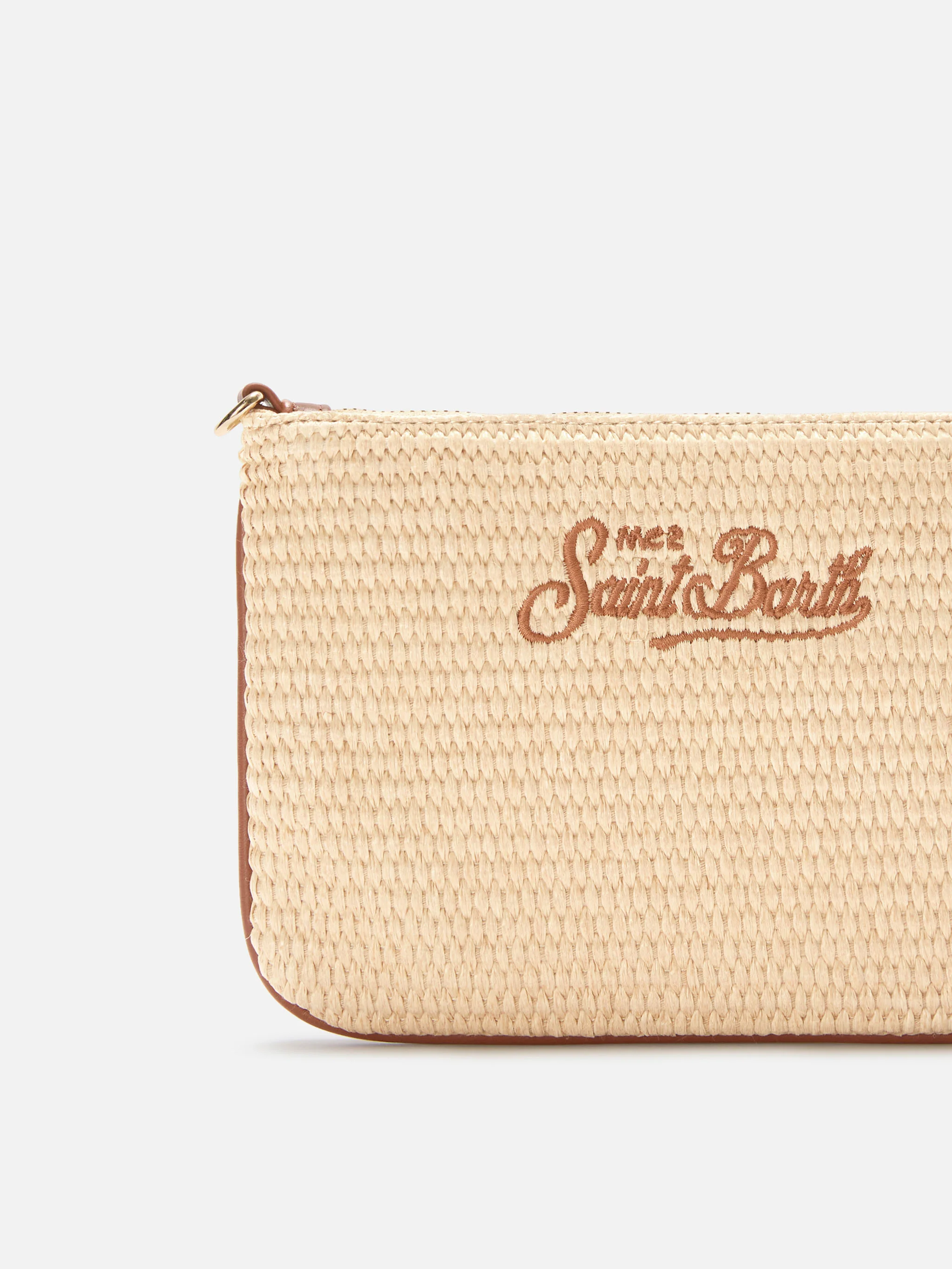 Pouch Mini Parisienne effetto paglia con logo ricamato marrone - Image 4